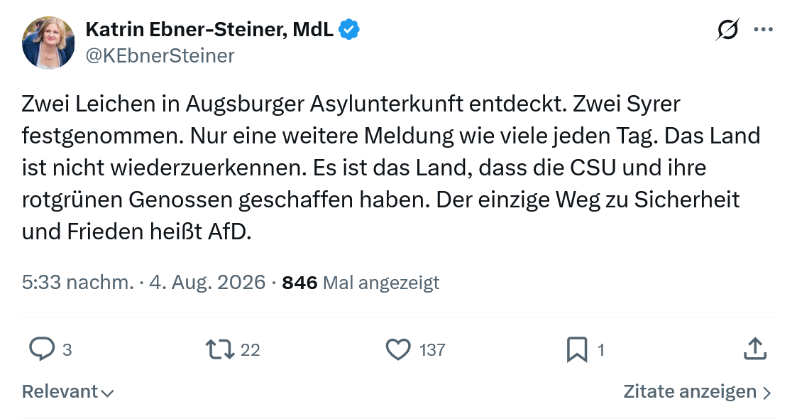 Katrin Ebner-Steiner: Zwei Leichen in Augsburger Asylunterkunft...