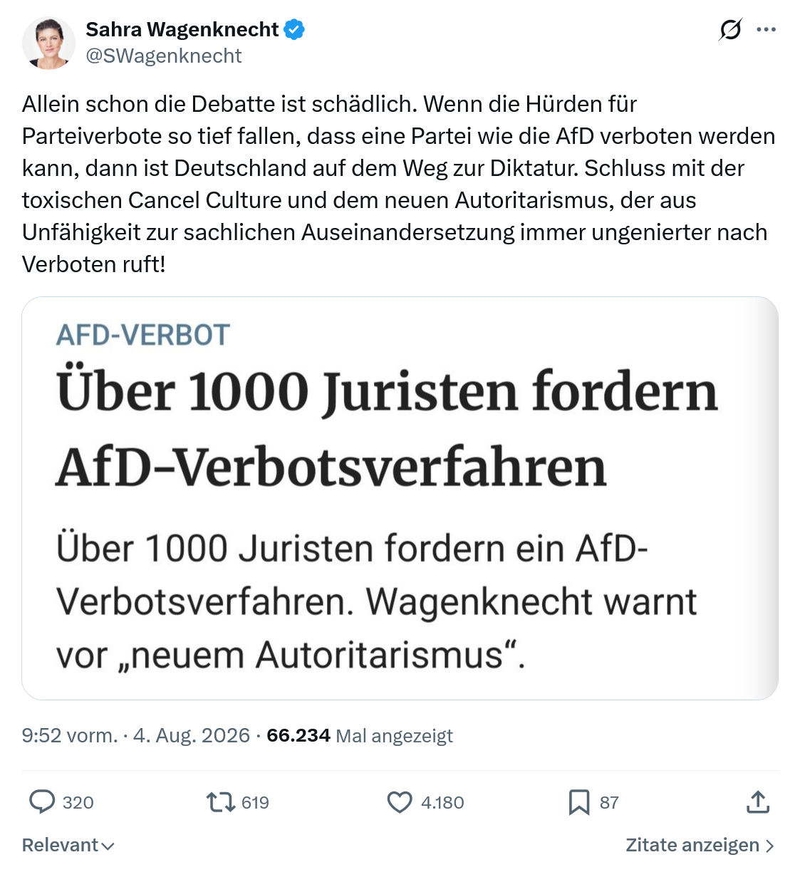 Sahra Wagenknecht: Allein schon die Debatte ist schädlich...