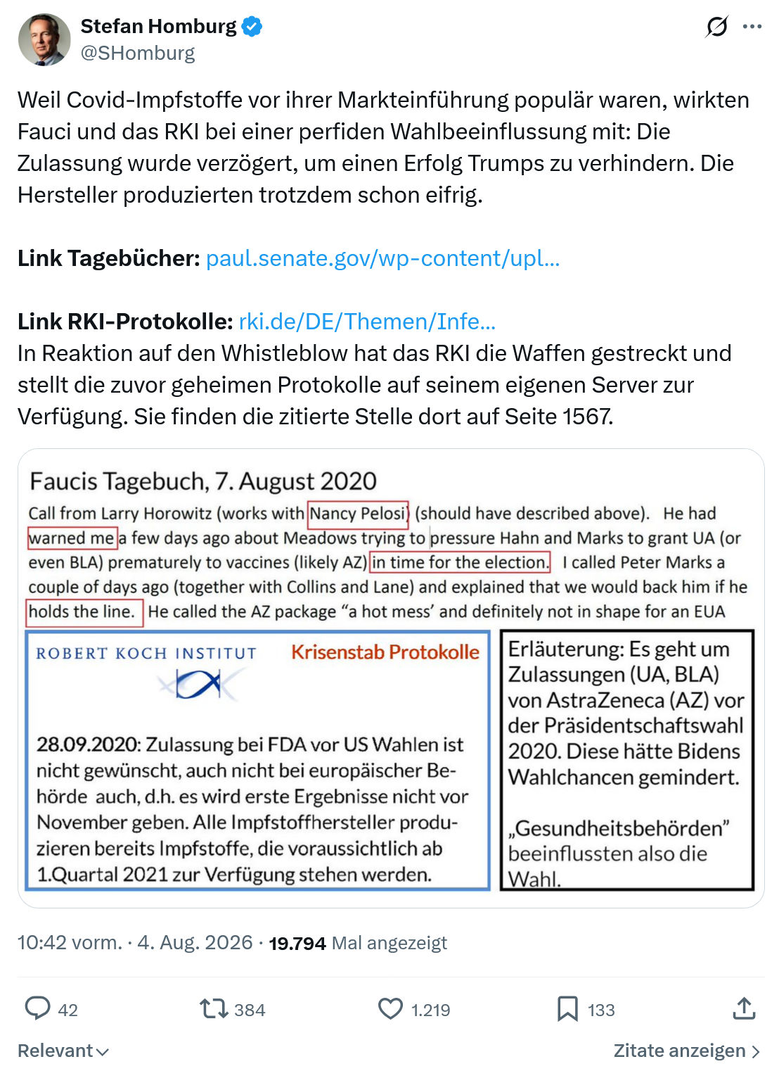 Stefan Homburg: Weil Covid-Impfstoffe vor ihrer Markteinführung...