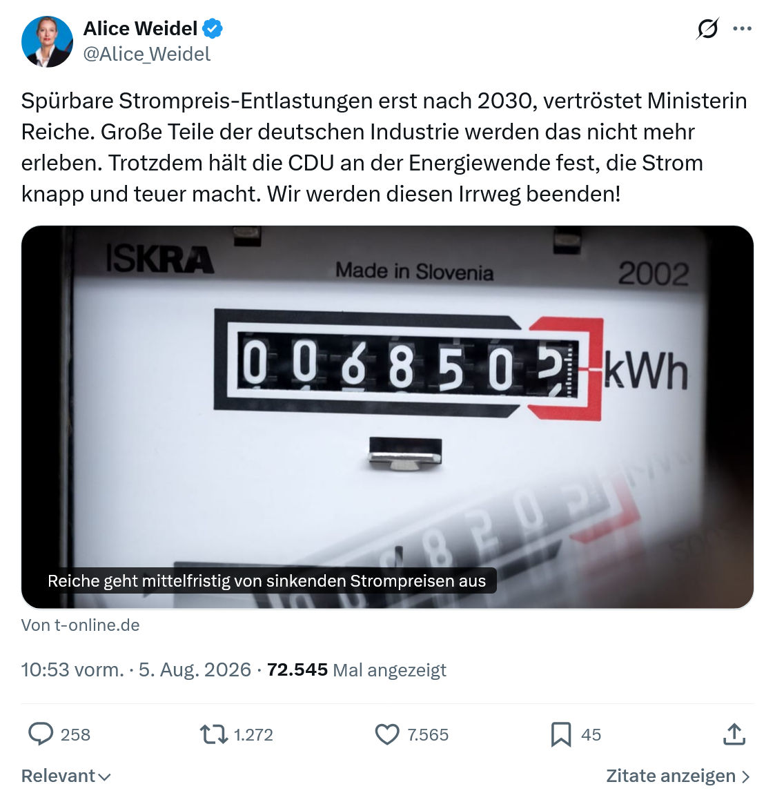 Alice Weidel: Spürbare Strompreis-Entlastungen...
