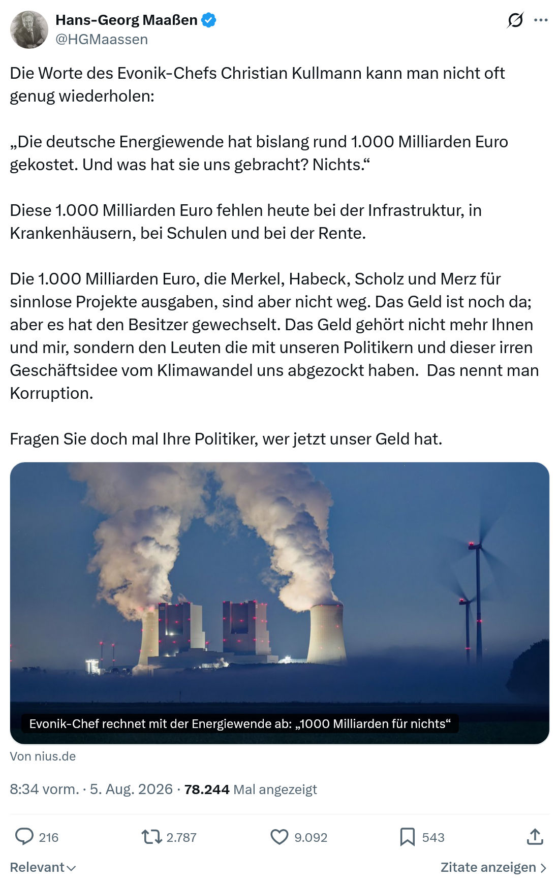 Hans-Georg Maaßen: Die Worte des Evonik-Chefs...