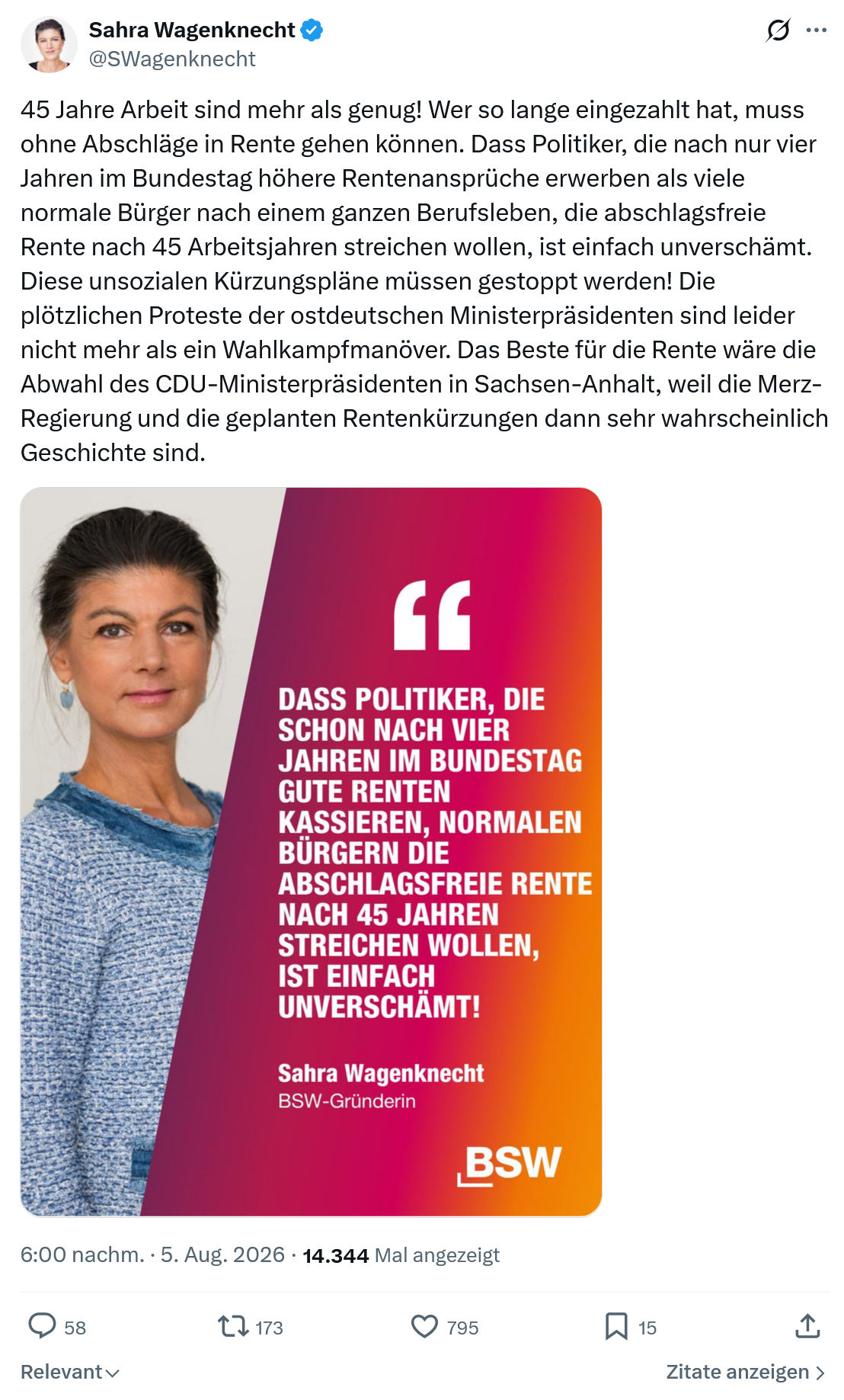 Sahra Wagenknecht: 45 Jahre Arbeit sind mehr als genug...