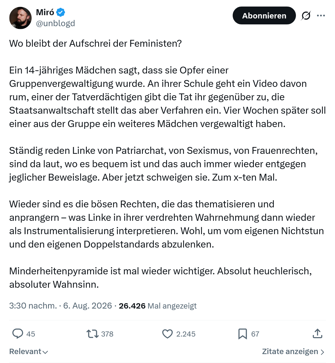 Miro Wolsfeld: Wo bleibt der Aufschrei...