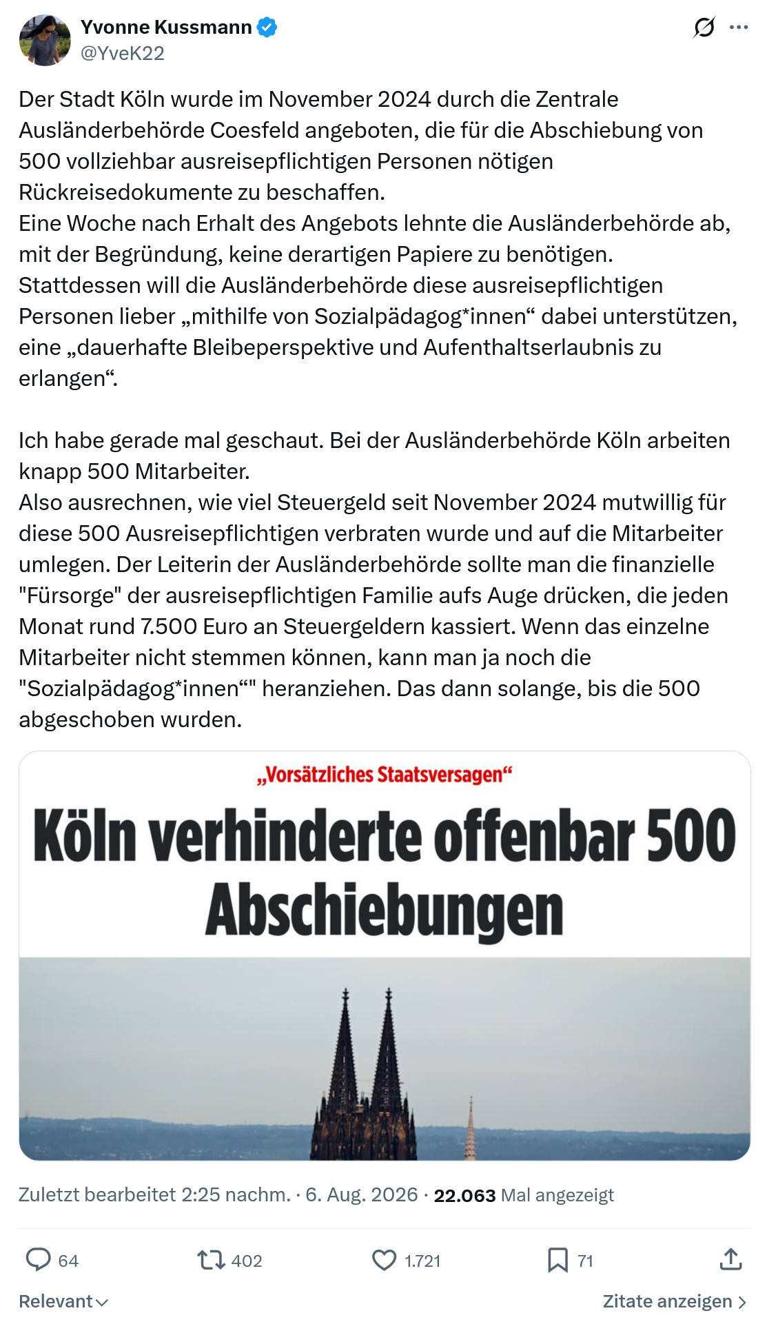 Yvonne Kussmann: Der Stadt Köln wurde im November...