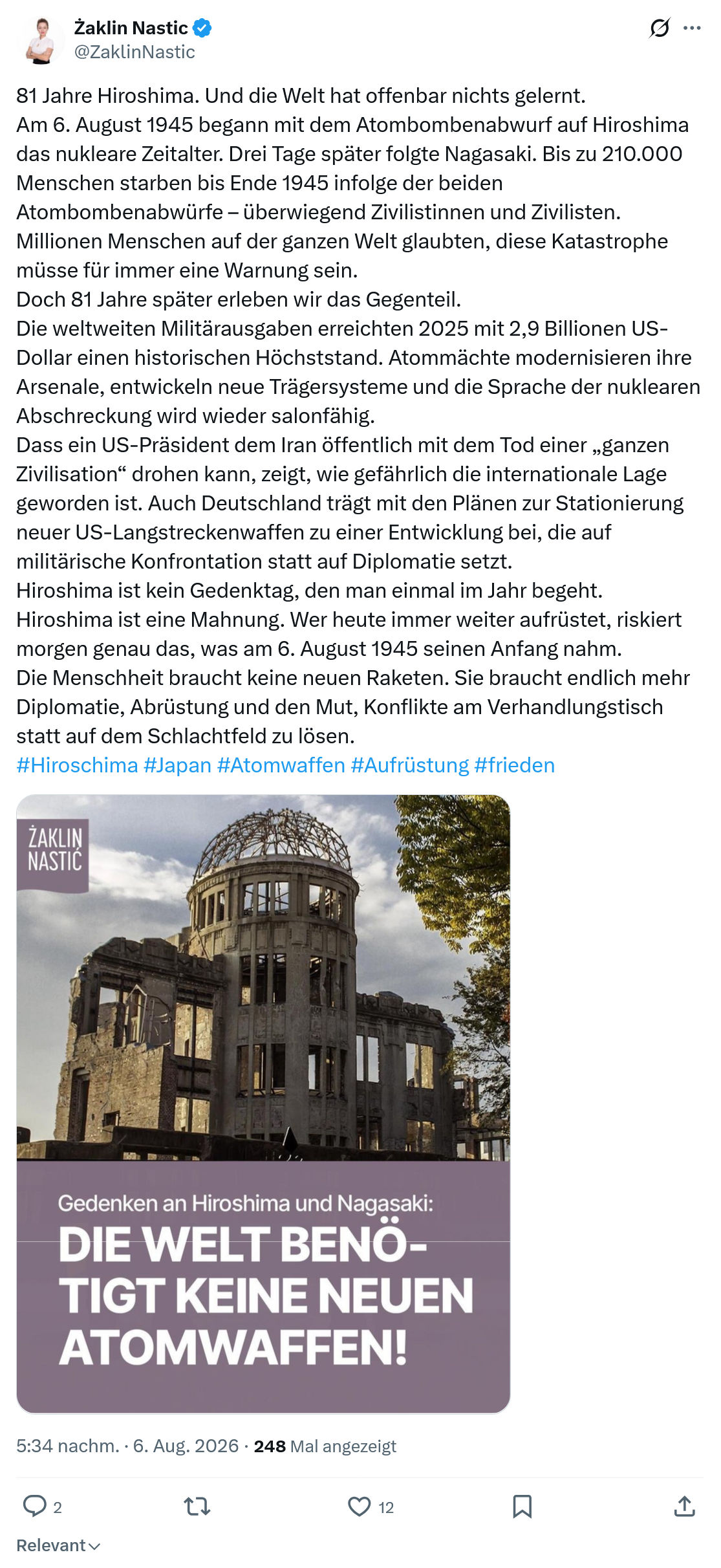 Żaklin Nastic: 81 Jahre Hiroshima...