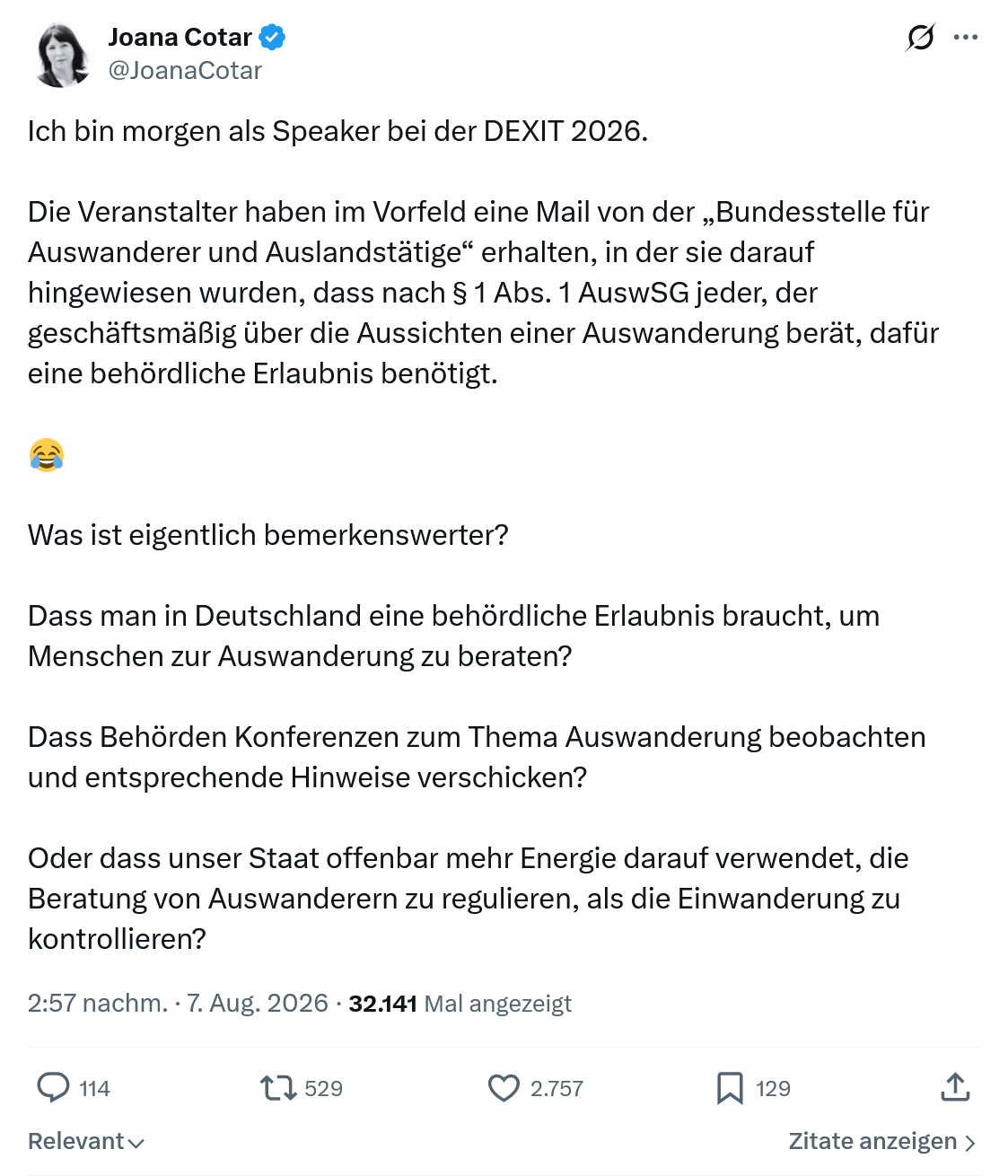 Joana Cotar: Ich bin morgen als Speaker...