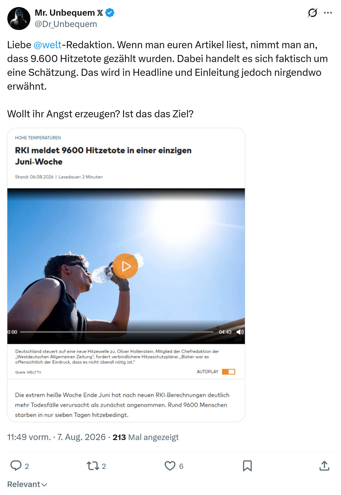 Mr. Unbequem: Liebe @welt-Redaktion...