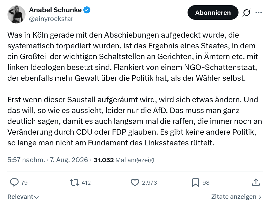 Anabel Schunke: Was in Köln gerade mit den Abschiebungen...