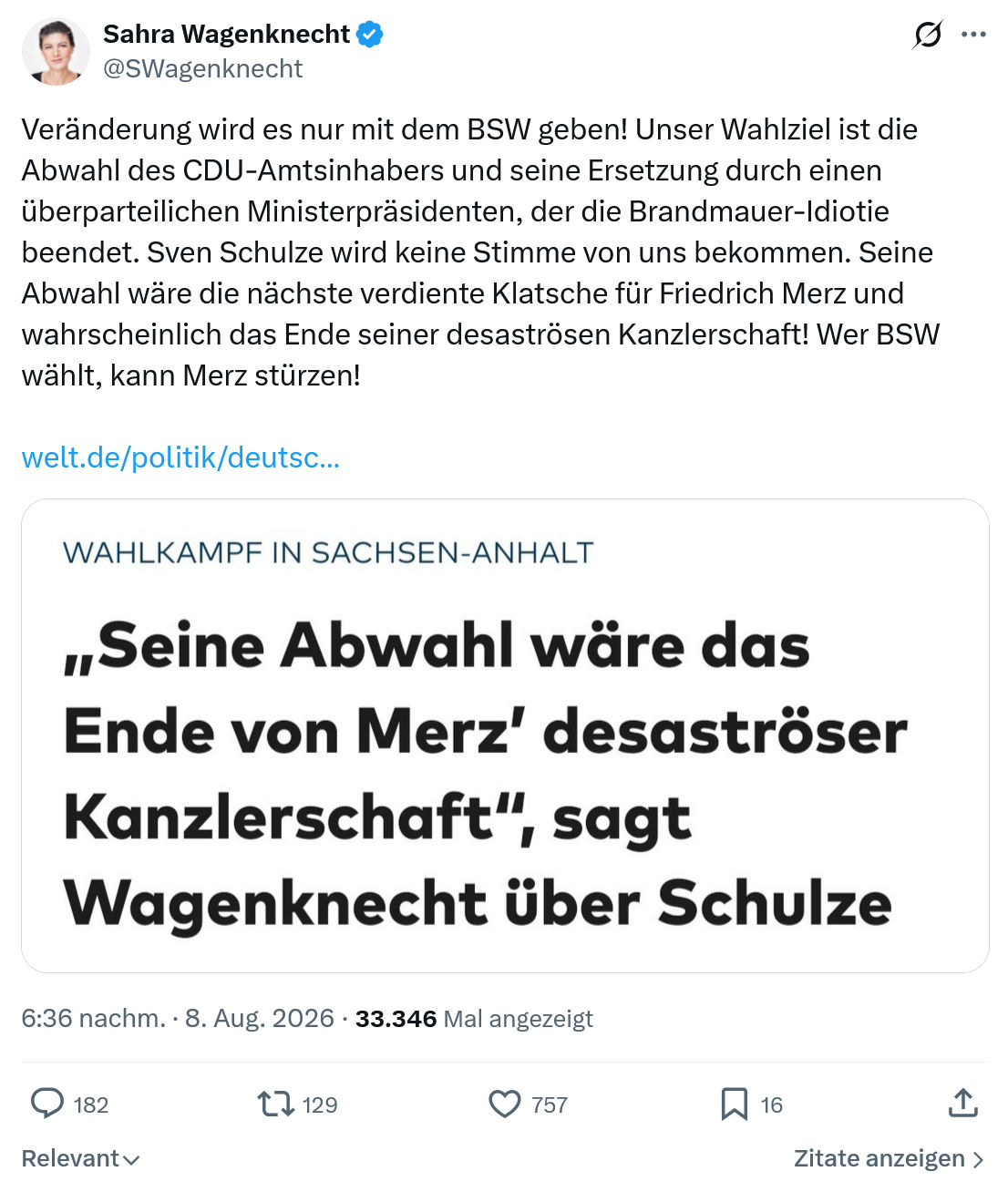 Sahra Wagenknecht: Veränderung wird es nur mit...