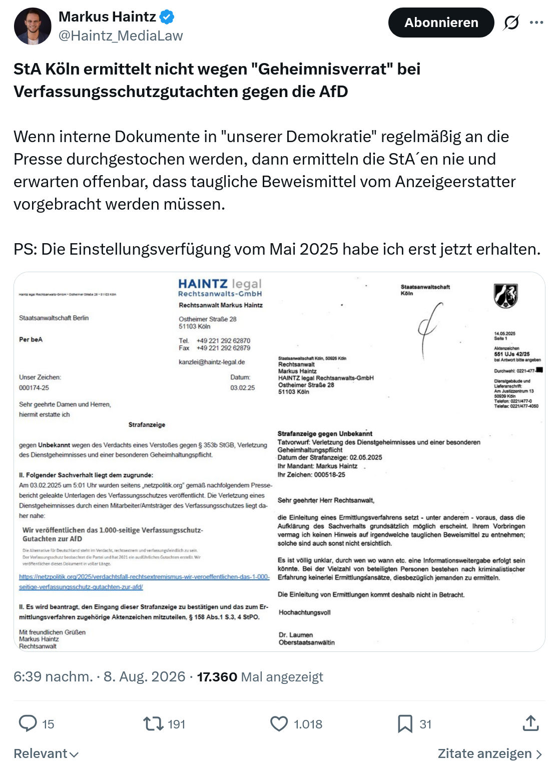 Markus Haintz: StA Köln ermittelt nicht wegen...