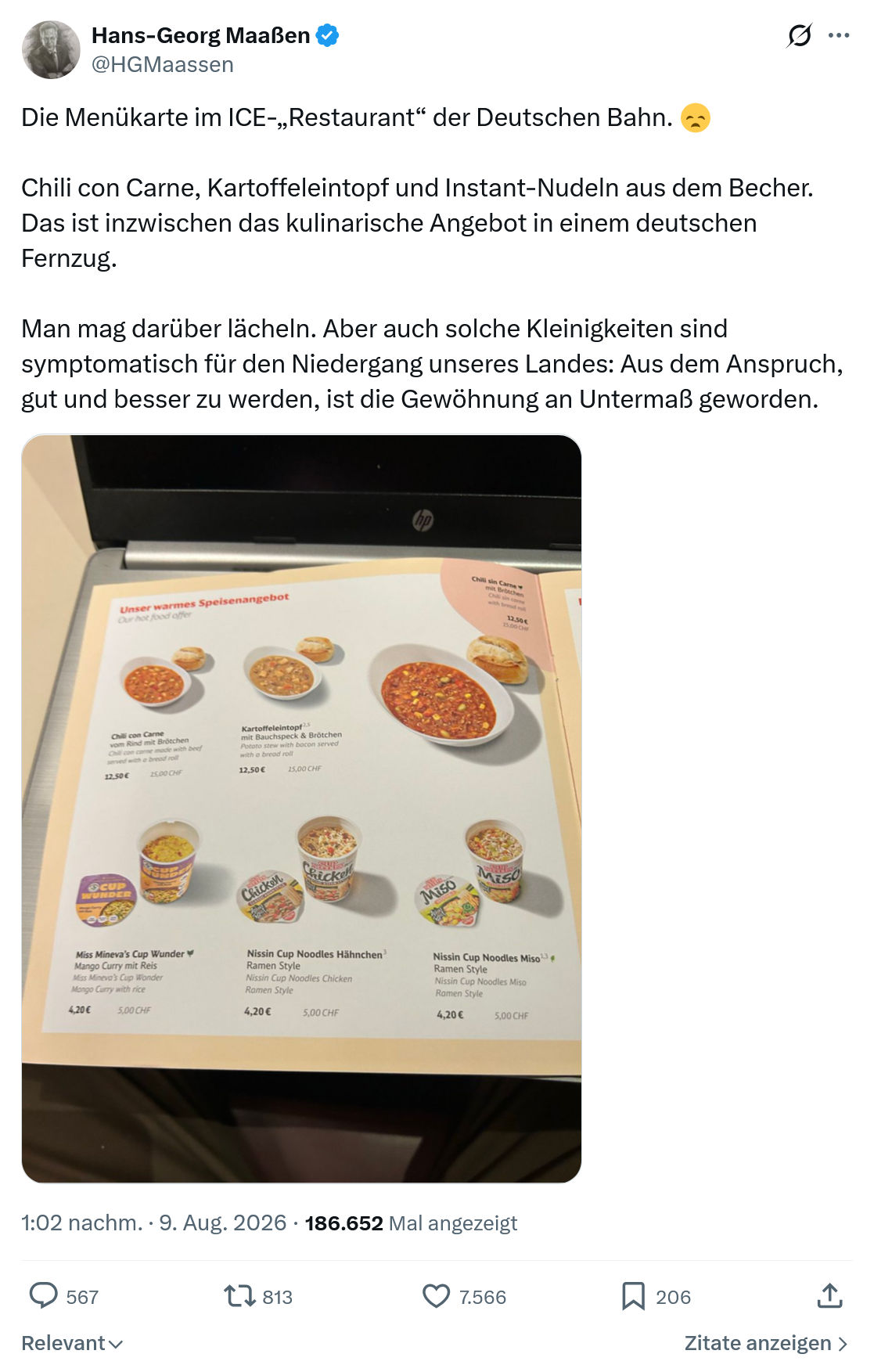 Hans-Georg Maaßen: Die Menükarte im ICE-„Restaurant“...