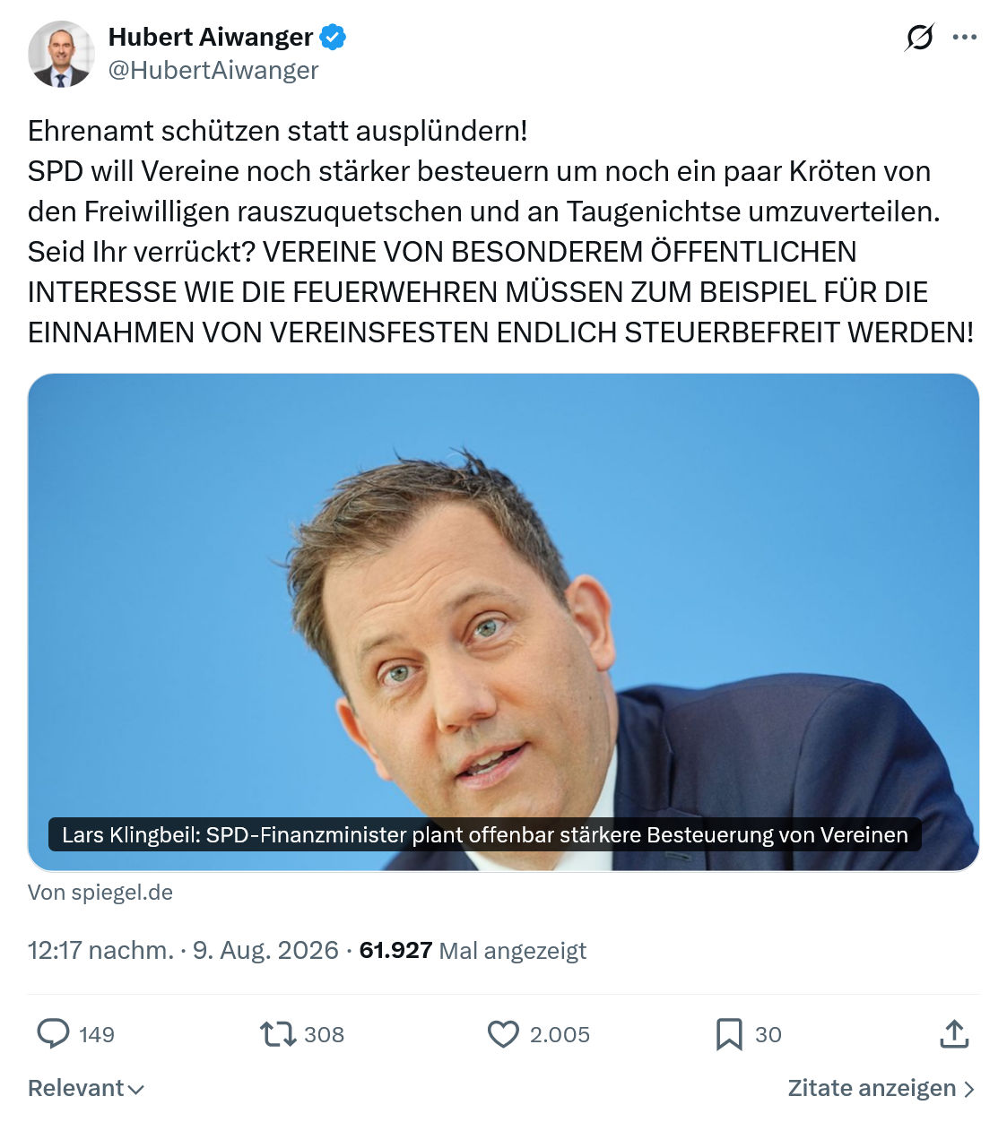Hubert Aiwanger: Ehrenamt schützen statt ausplündern...