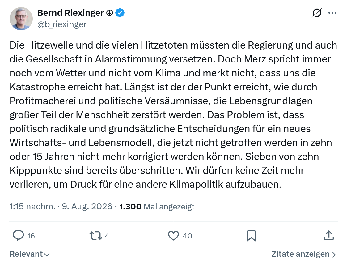 Bernd Riexinger: Die Hitzewelle und die vielen Hitzetoten...