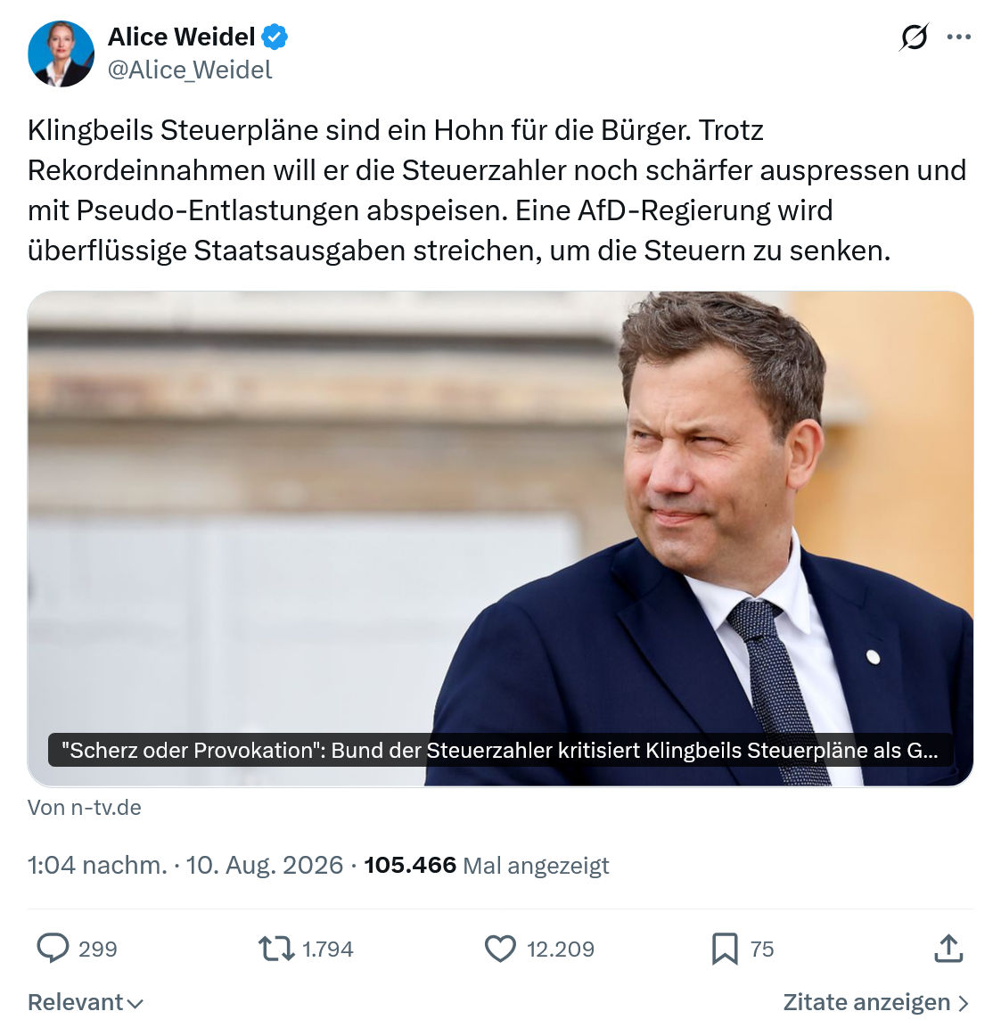 Alice Weidel: Klingbeils Steuerpläne...