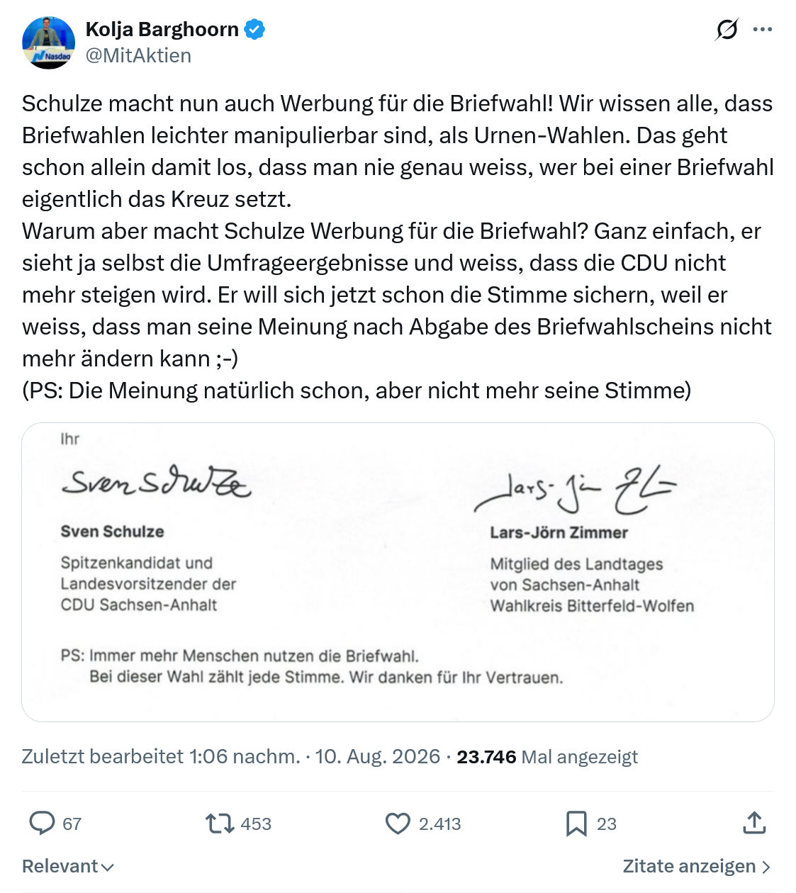Kolja Barghoorn: Schulze macht nun auch Werbung...