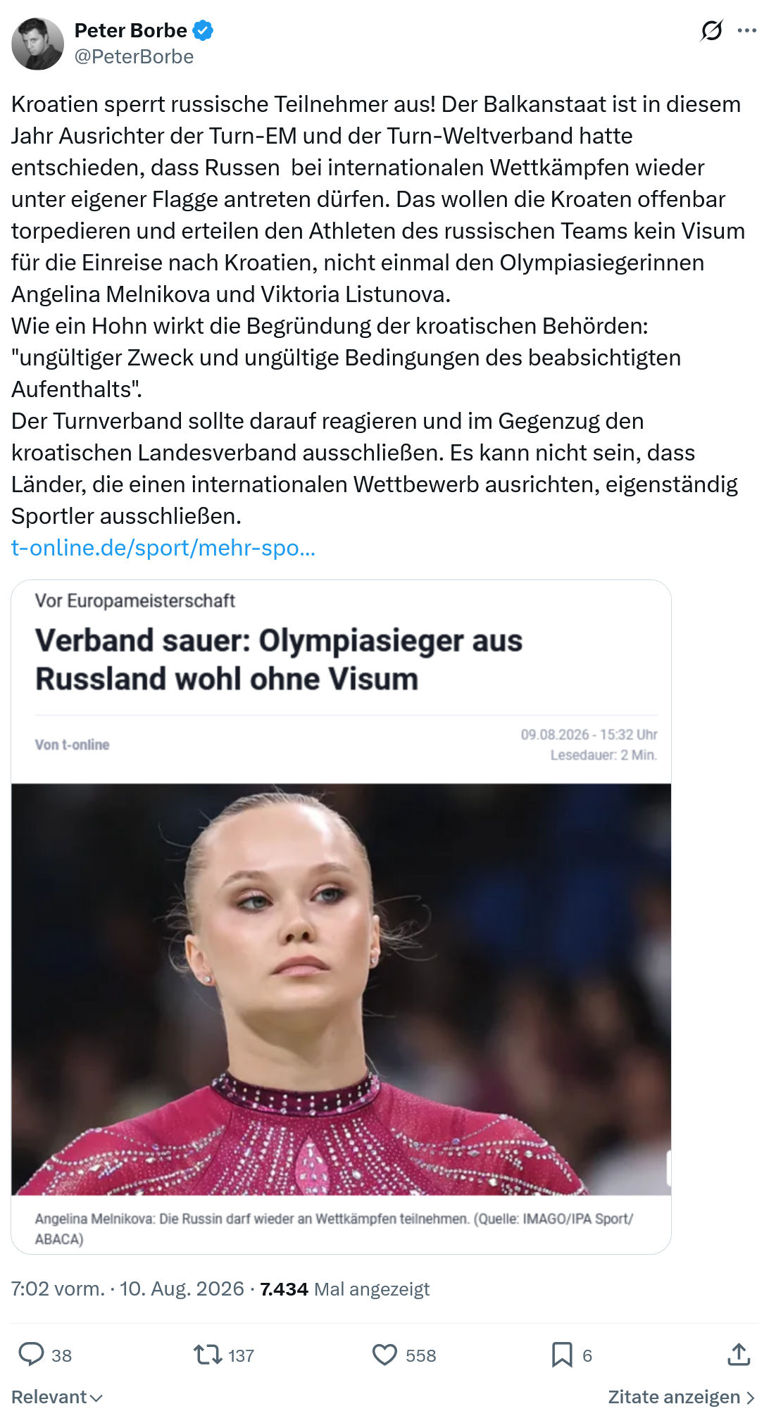 Peter Borbe: Kroatien sperrt russische Teilnehmer aus...