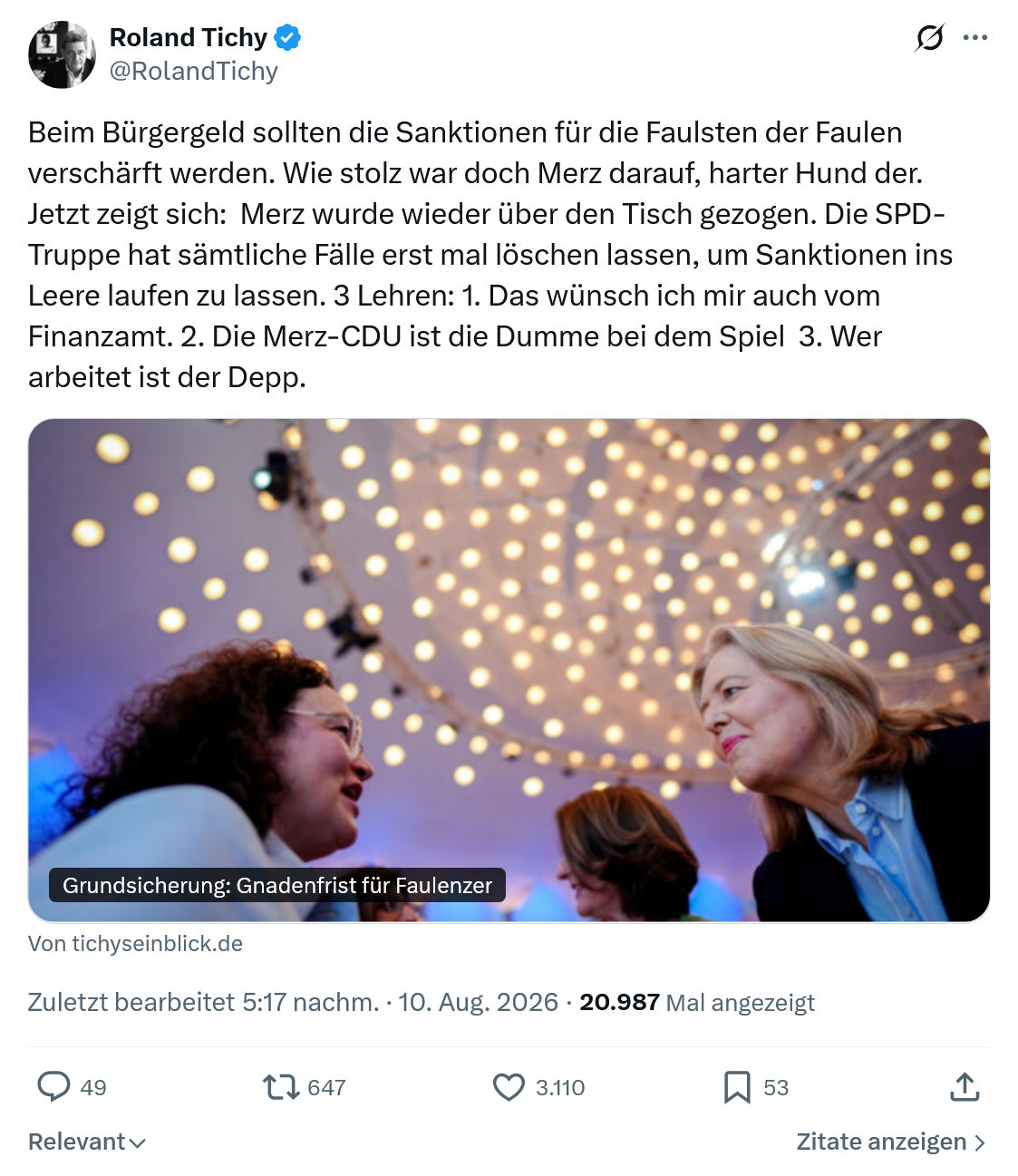 Roland Tichy: Beim Bürgergeld sollten die Sanktionen...