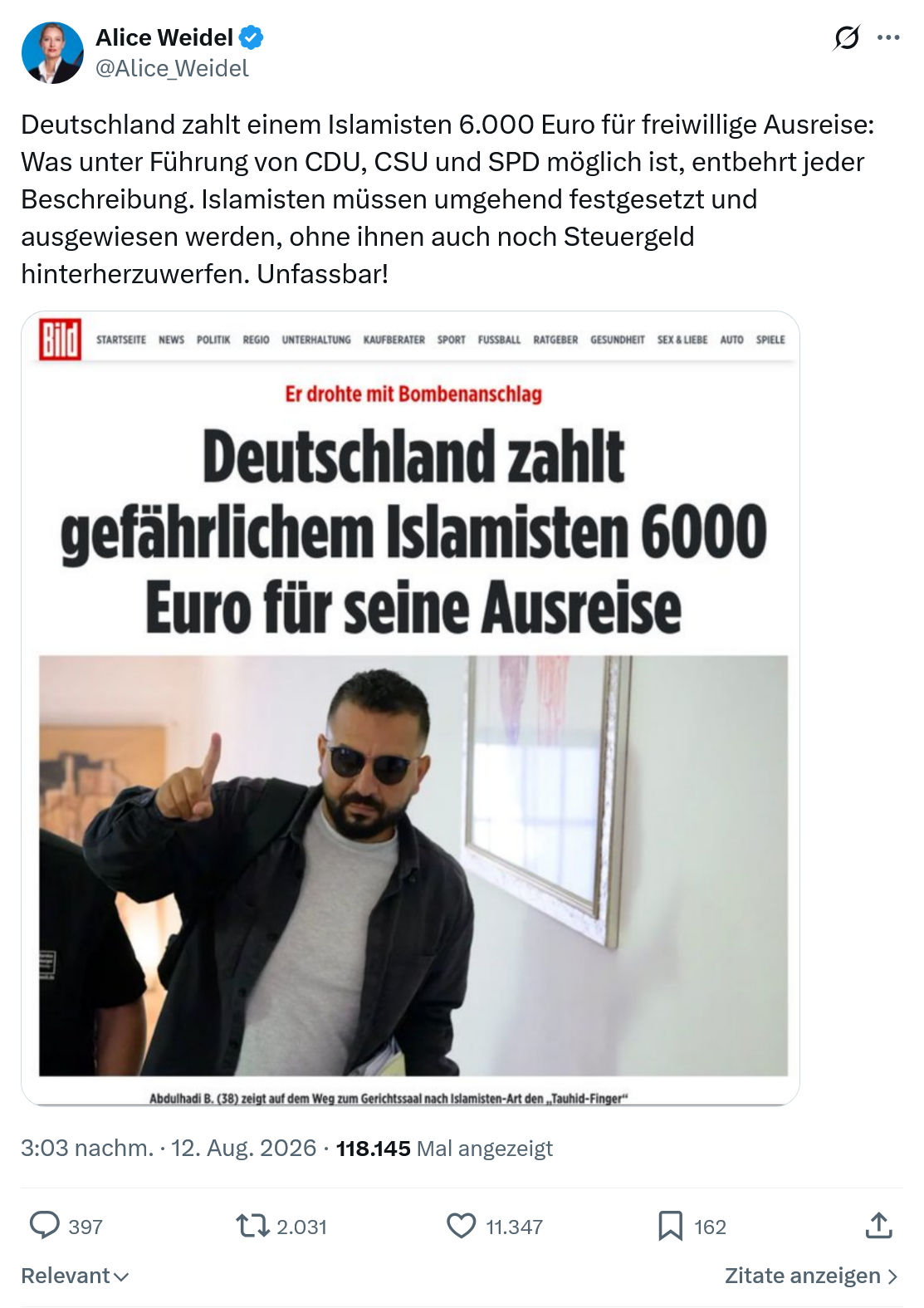 Alice Weidel: Deutschland zahlt einem Islamisten...