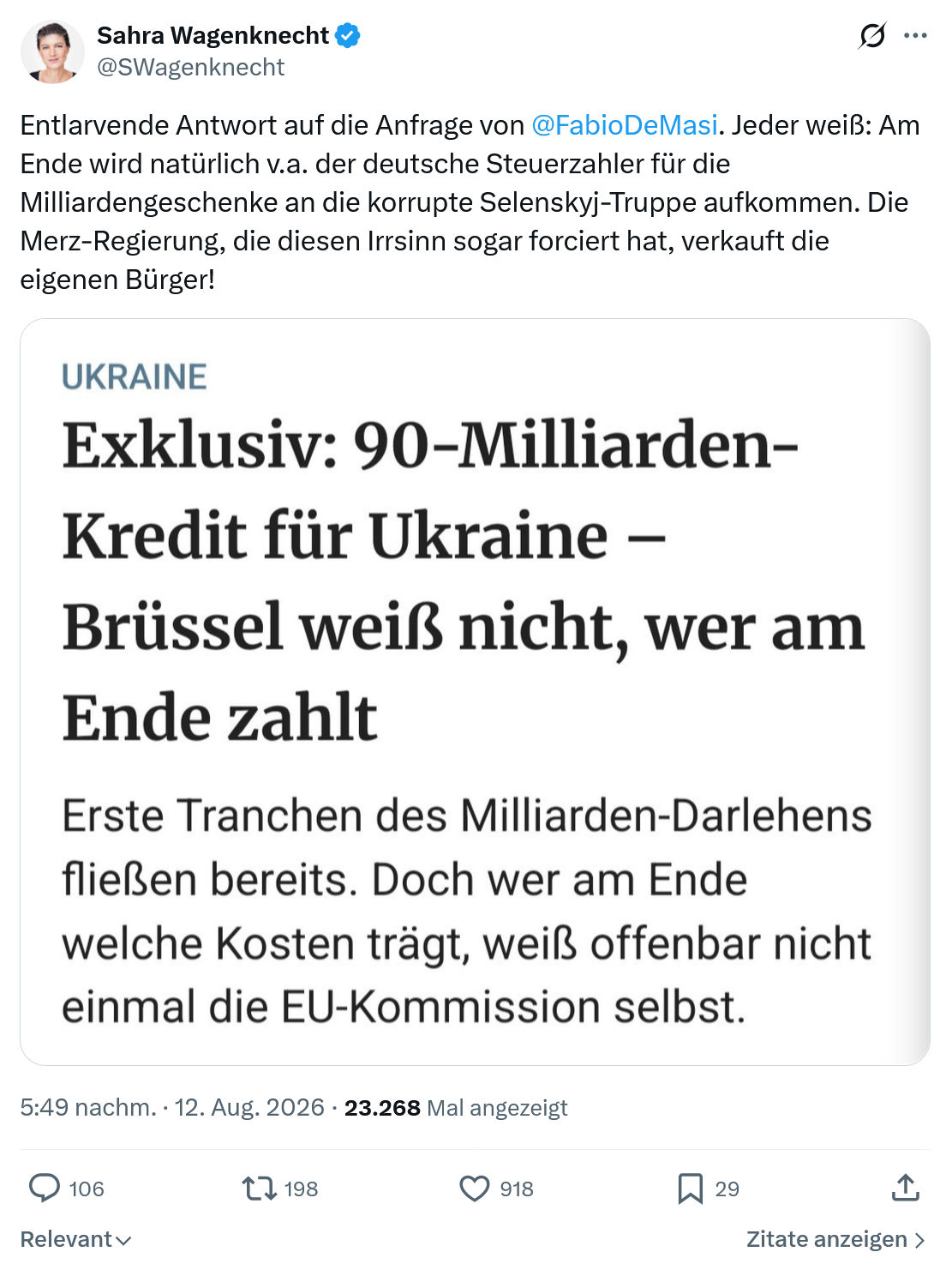 Sahra Wagenknecht: Entlarvende Antwort auf die Anfrage...