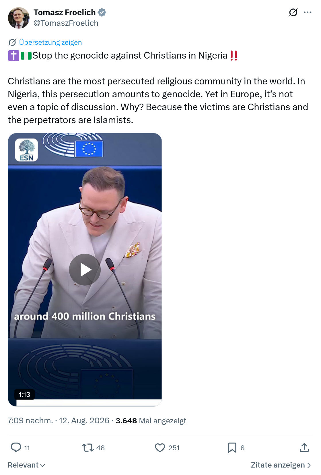 Tomasz Froelich: Stop the genocide against Christians...