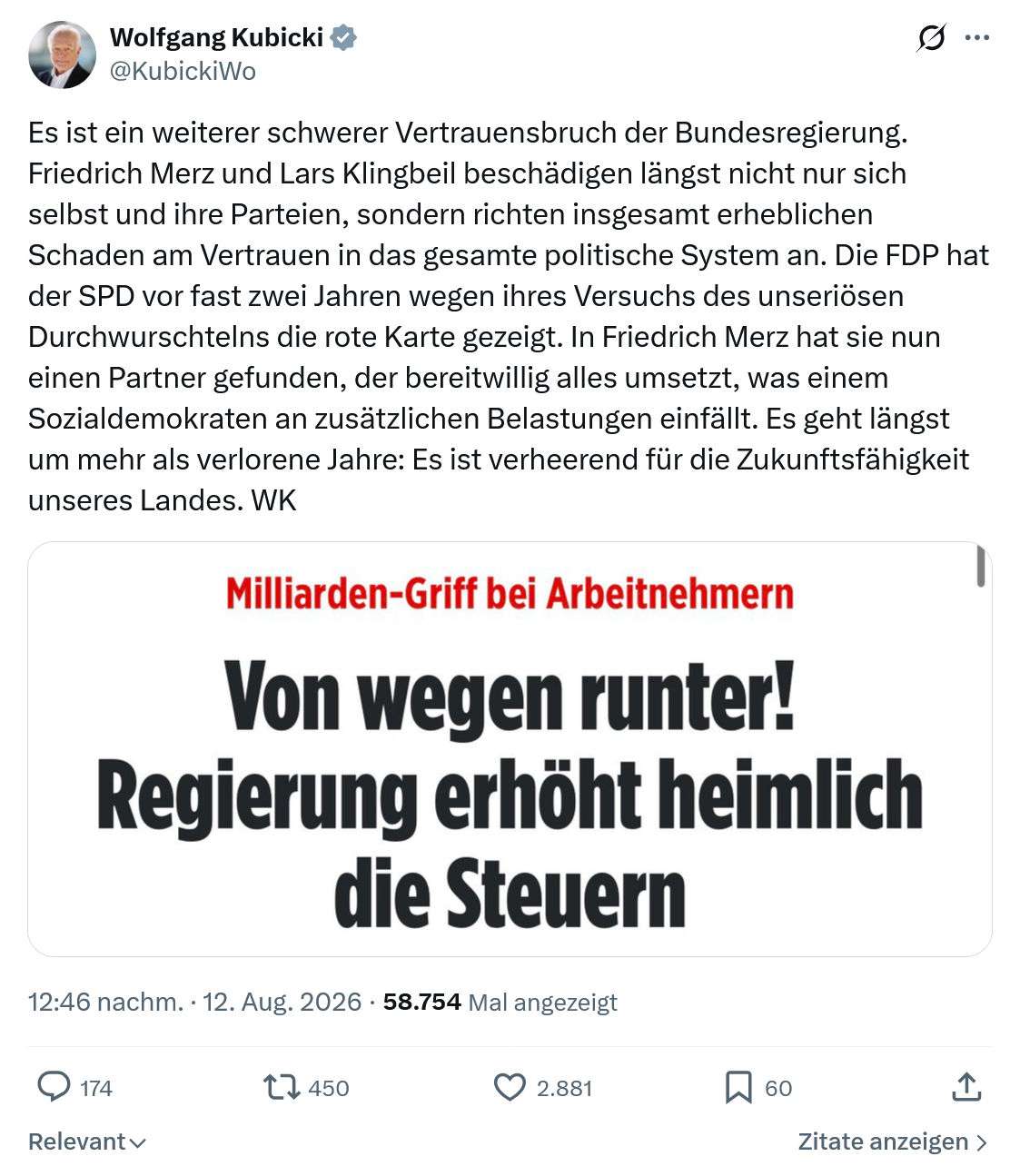 Wolfgang Kubicki: Es ist ein weiterer schwerer Vertrauensbruch...
