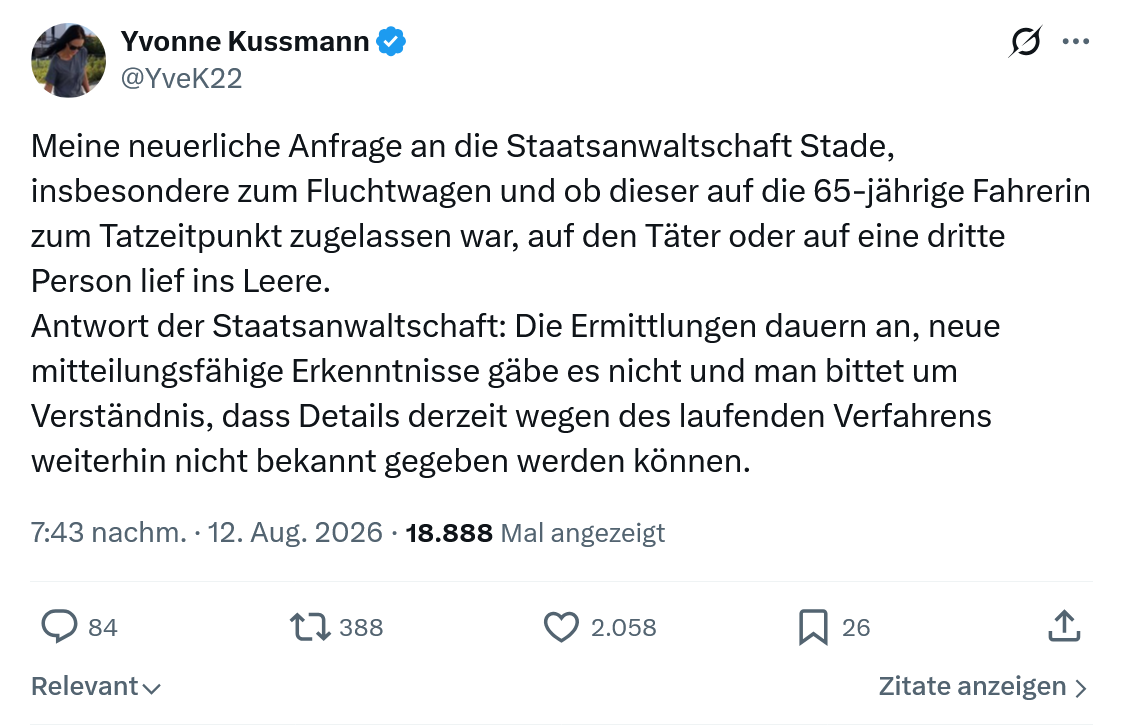 Yvonne Kussmann: Meine neuerliche Anfrage...