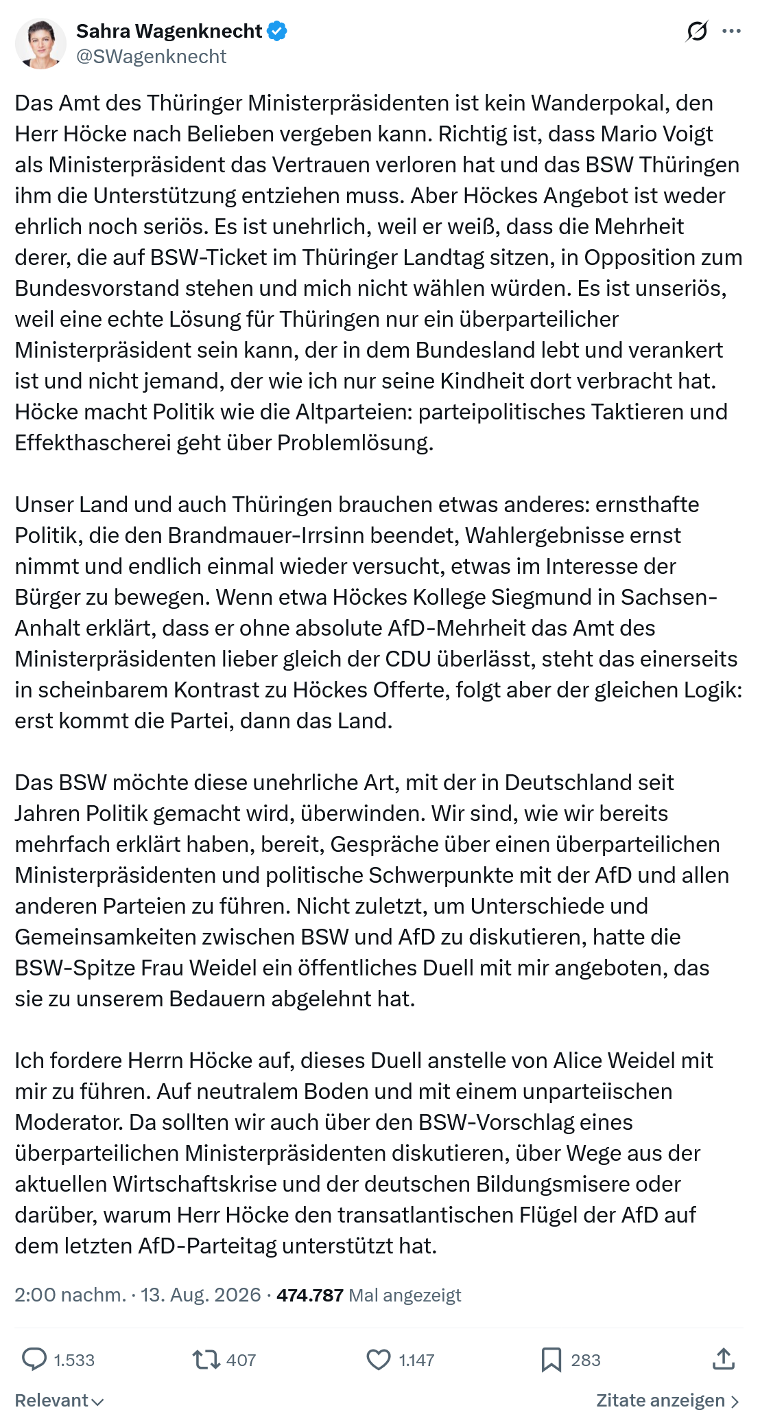 Sahra Wagenknecht: Das Amt des Thüringer Ministerpräsidenten...