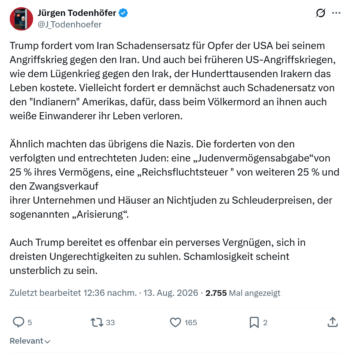 Jürgen Todenhöfer: Trump fordert vom Iran Schadensersatz...