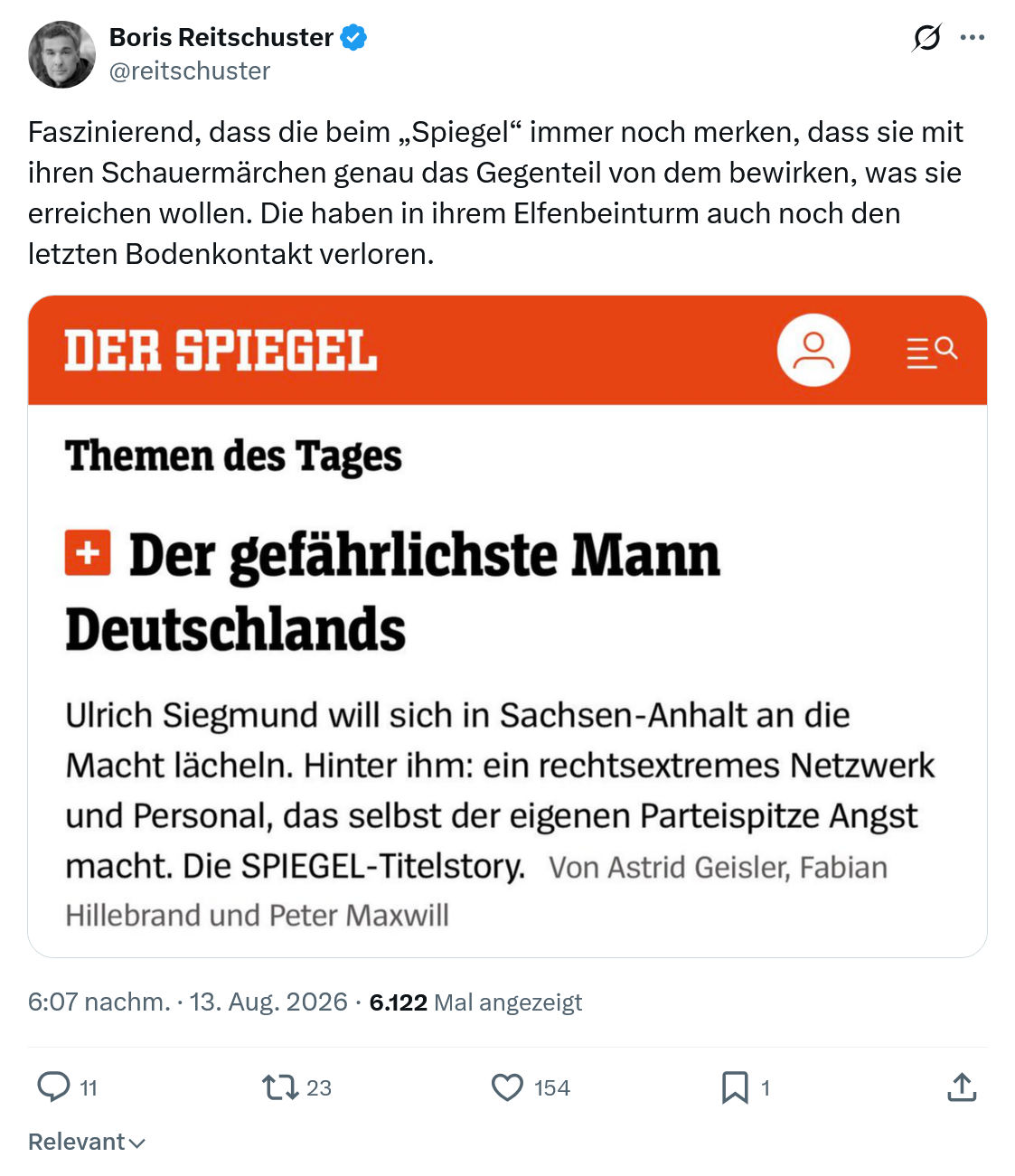 Boris Reitschuster: Faszinierend, dass die beim „Spiegel“...