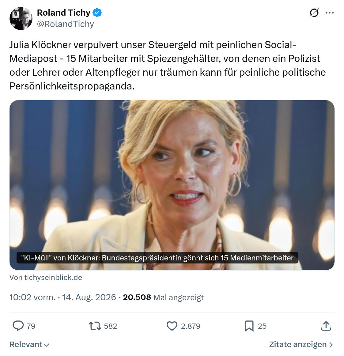 Roland Tichy: Julia Klöckner verpulvert...