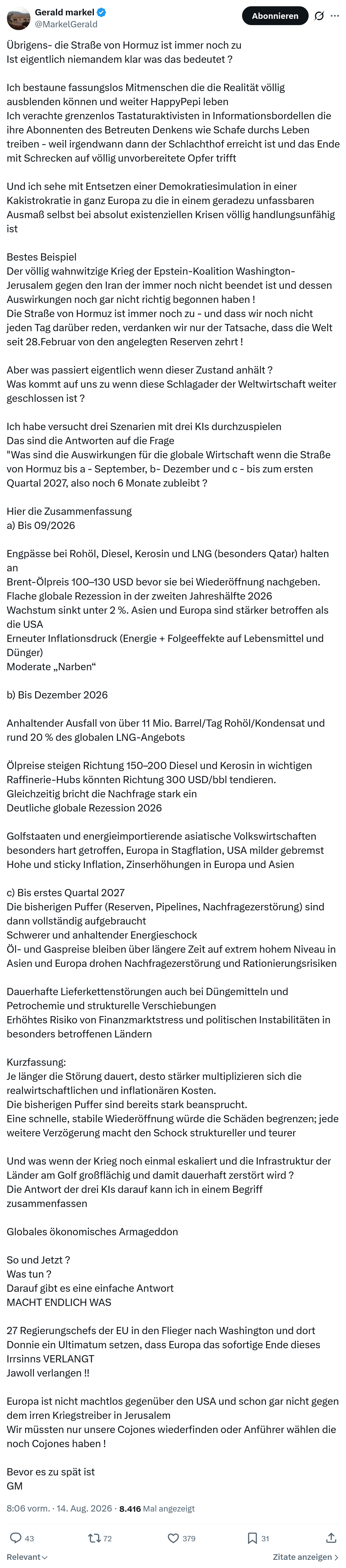 Gerald Markel: Übrigens- die Straße von Hormuz...