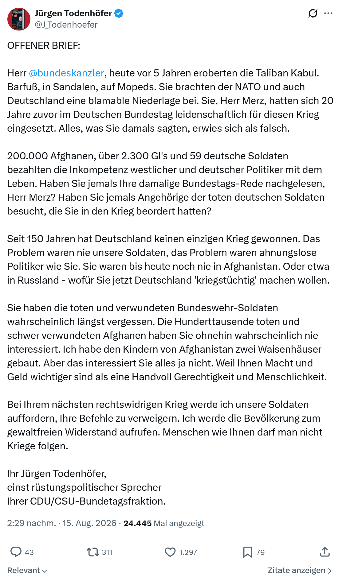 Jürgen Todenhöfer: OFFENER BRIEF...