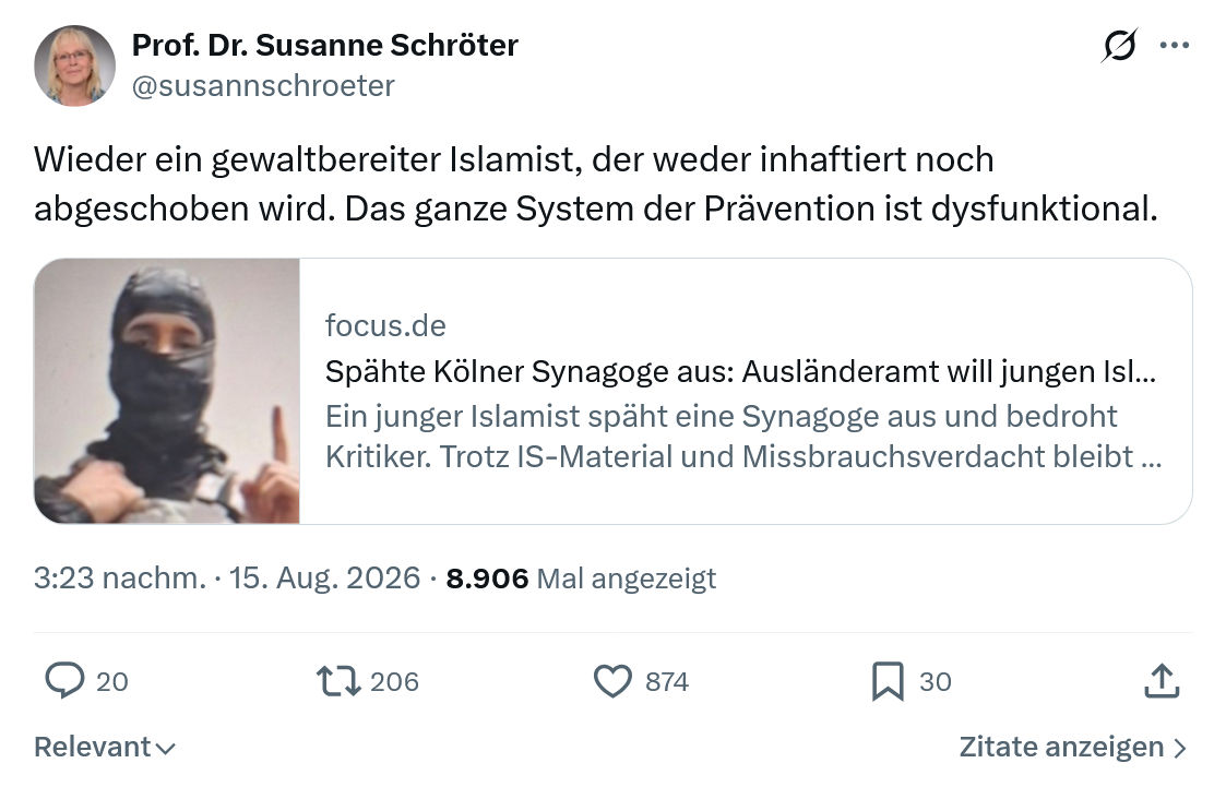 Susanne Schröter: Wieder ein gewaltbereiter Islamist...