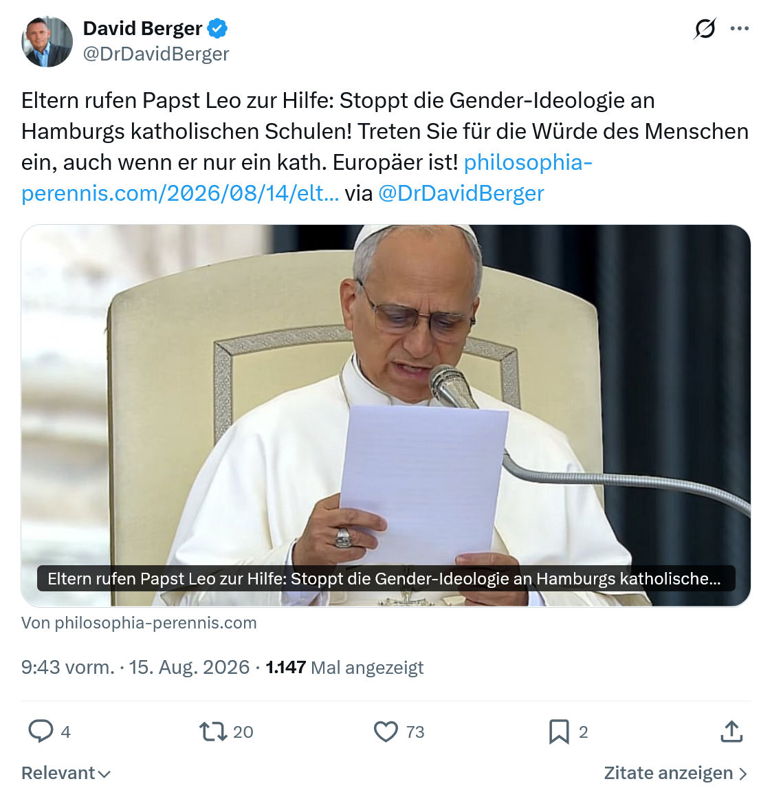 David Berger: Eltern rufen Papst Leo zur Hilfe...