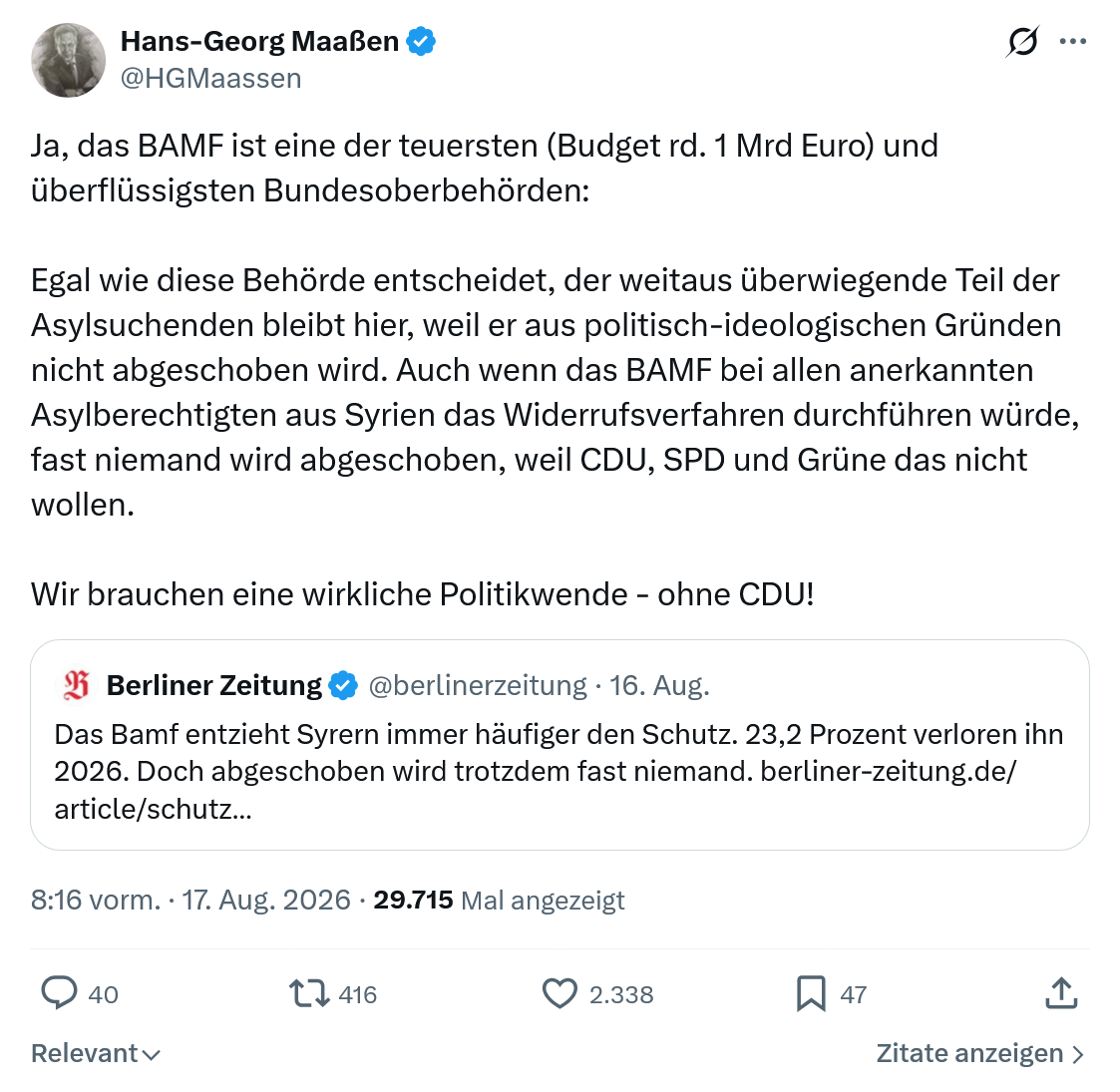 Hans-Georg Maaßen: Ja, das BAMF ist eine der teuersten...