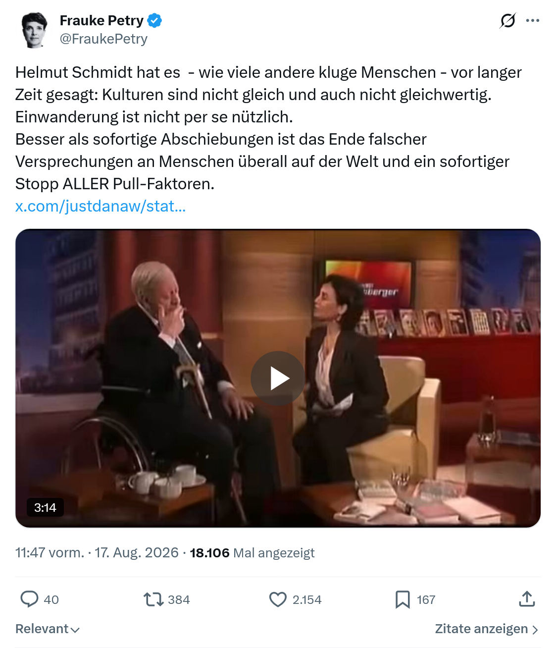 Frauke Petry: Helmut Schmidt hat es...