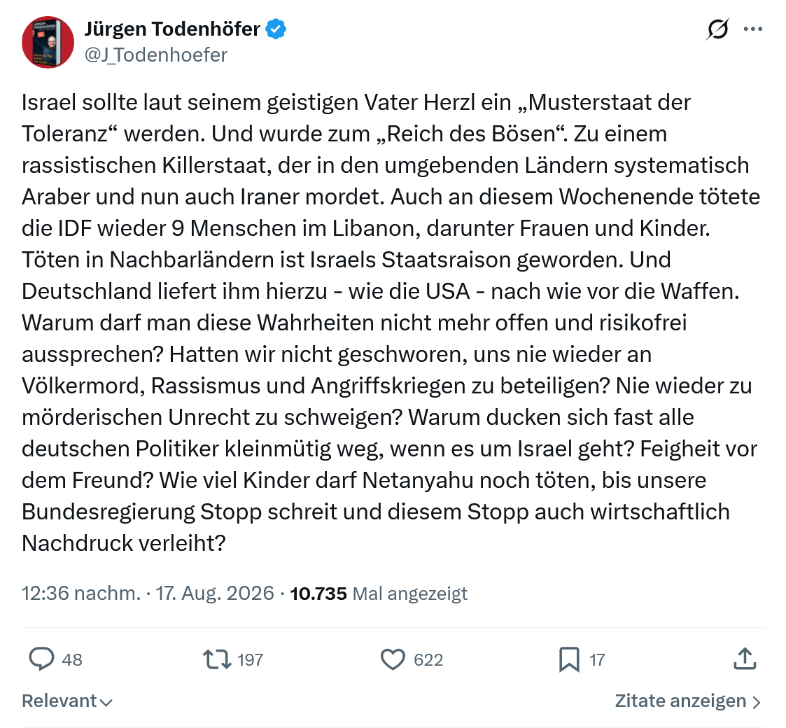 Jürgen Todenhöfer: Israel sollte laut seinem geistigen...