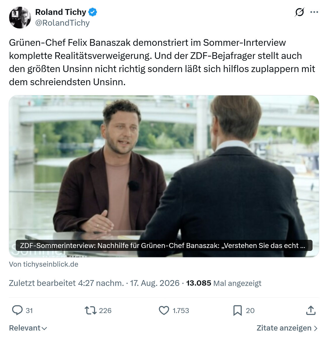 Roland Tichy: Grünen-Chef Felix Banaszak...