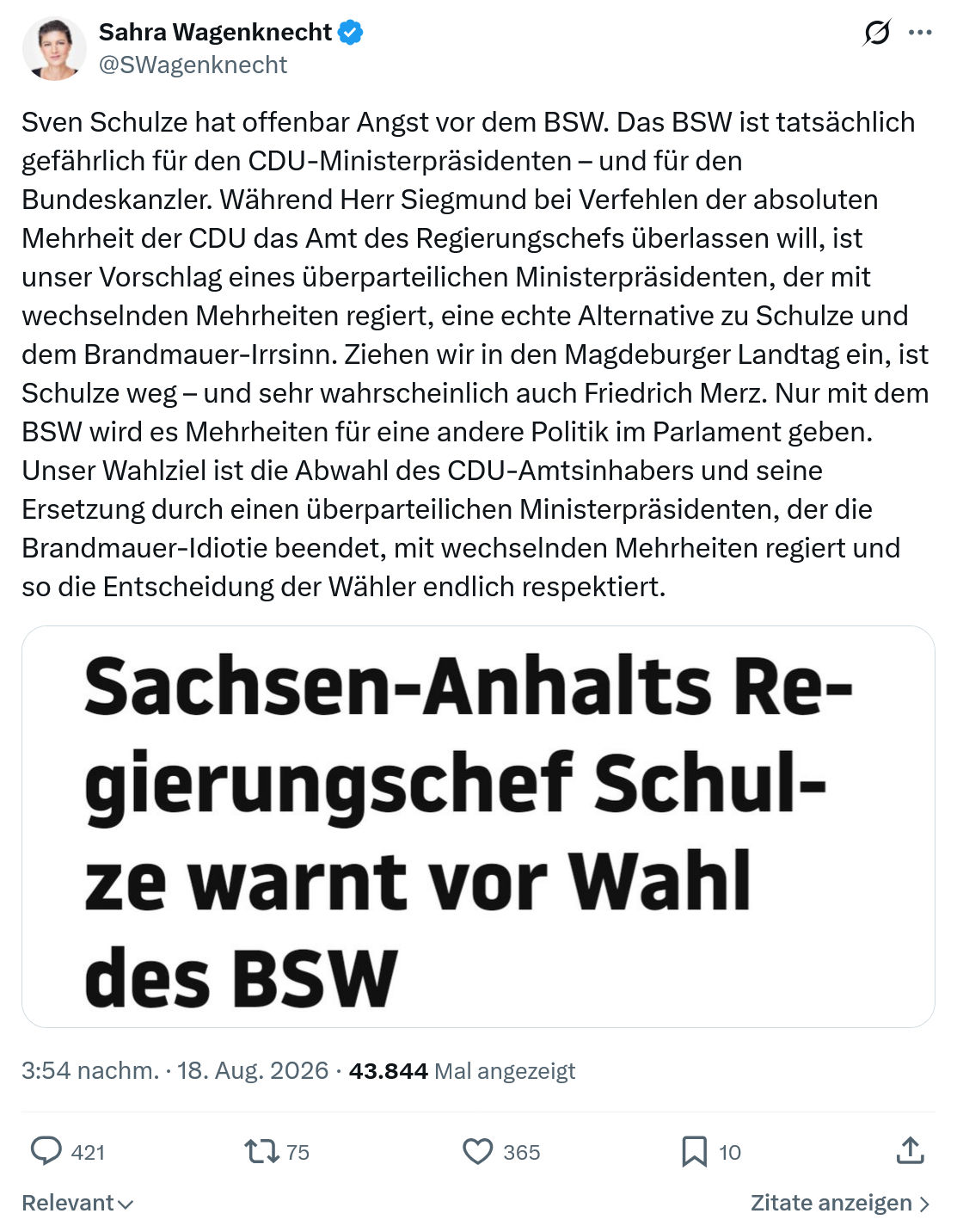 Sahra Wagenknecht: Sven Schulze hat offenbar Angst...