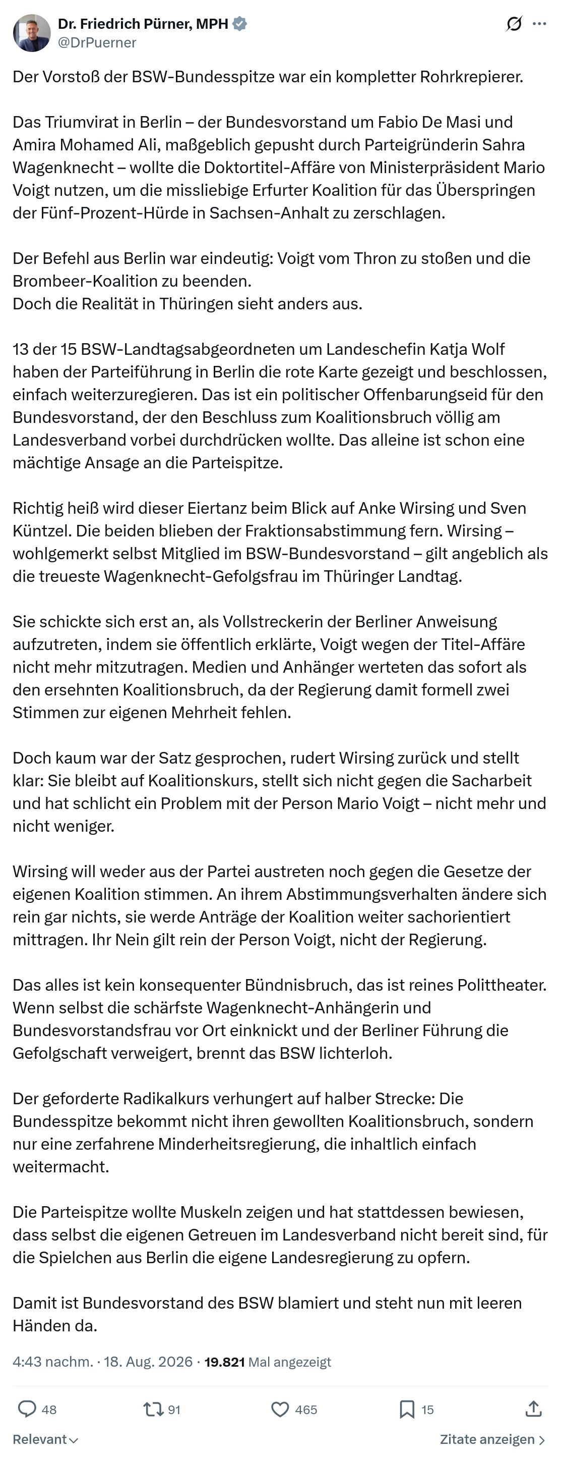 Friedrich Pürner: Der Vorstoß der BSW-Bundesspitze...