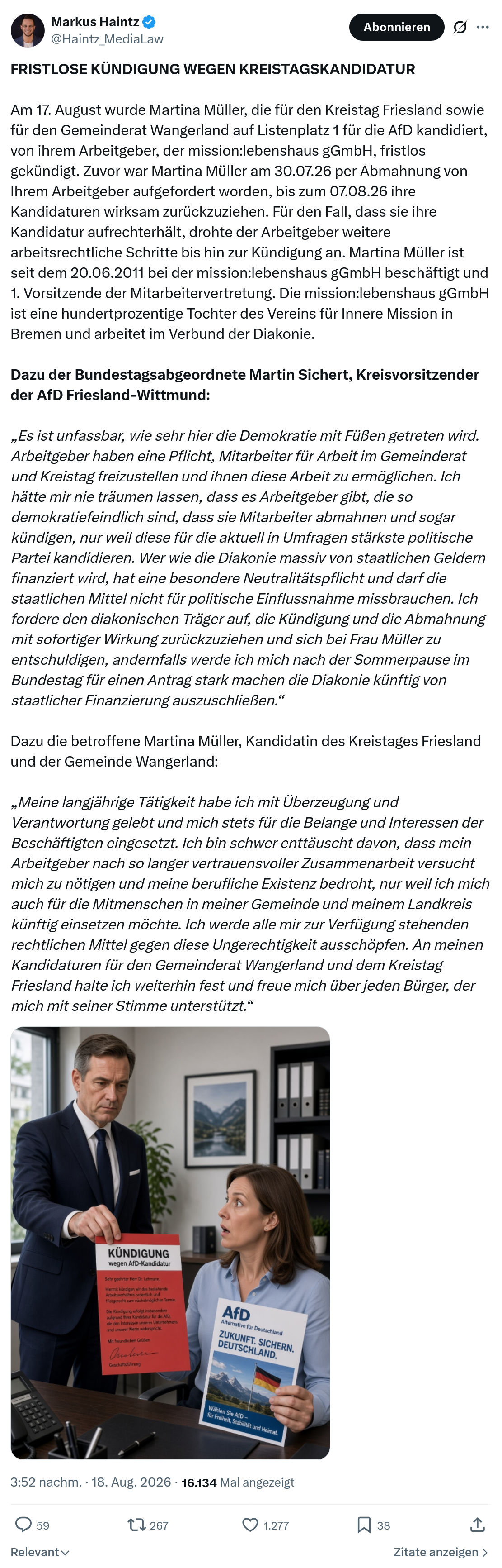 Markus Haintz: FRISTLOSE KÜNDIGUNG WEGEN KREISTAGSKANDIDATUR...