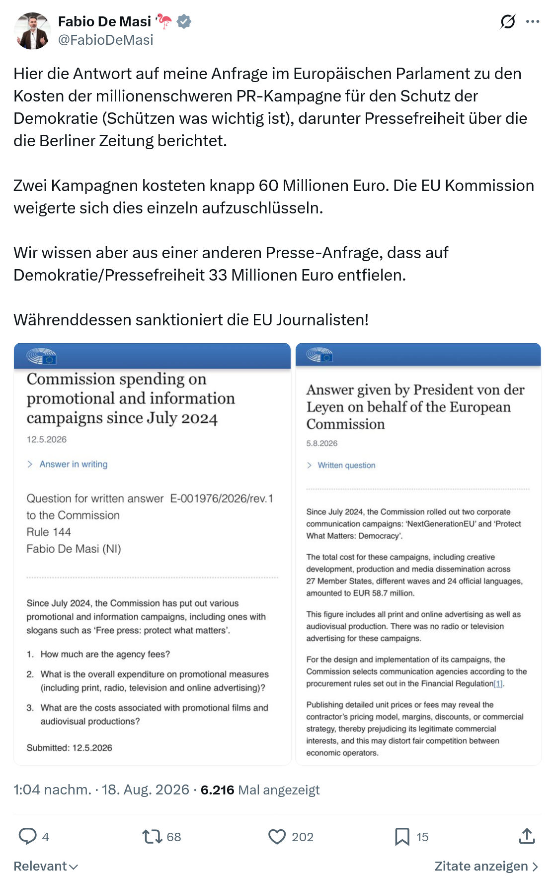 Fabio De Masi: Hier die Antwort auf meine Anfrage...