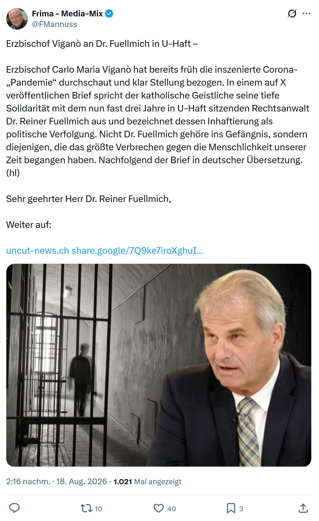 Friedrich Mannus: Erzbischof Viganò an Dr. Fuellmich...