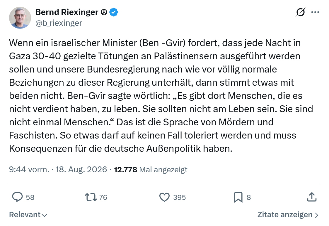 Bernd Riexinger: Wenn ein israelischer Minister...