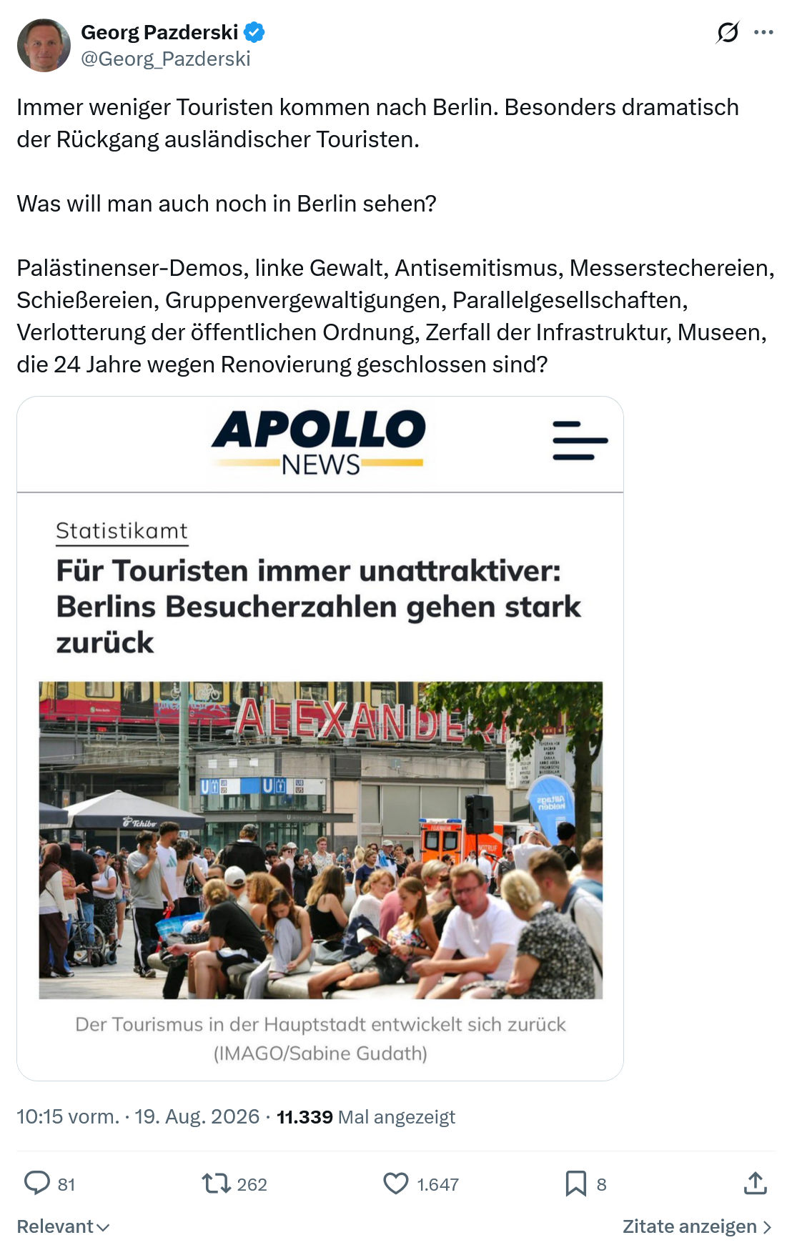Georg Pazderski: Immer weniger Touristen...