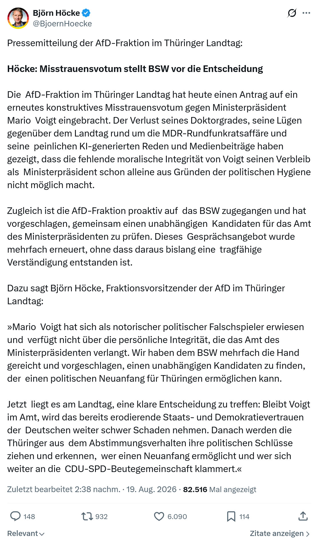 Björn Höcke: Pressemitteilung der AfD-Fraktion...