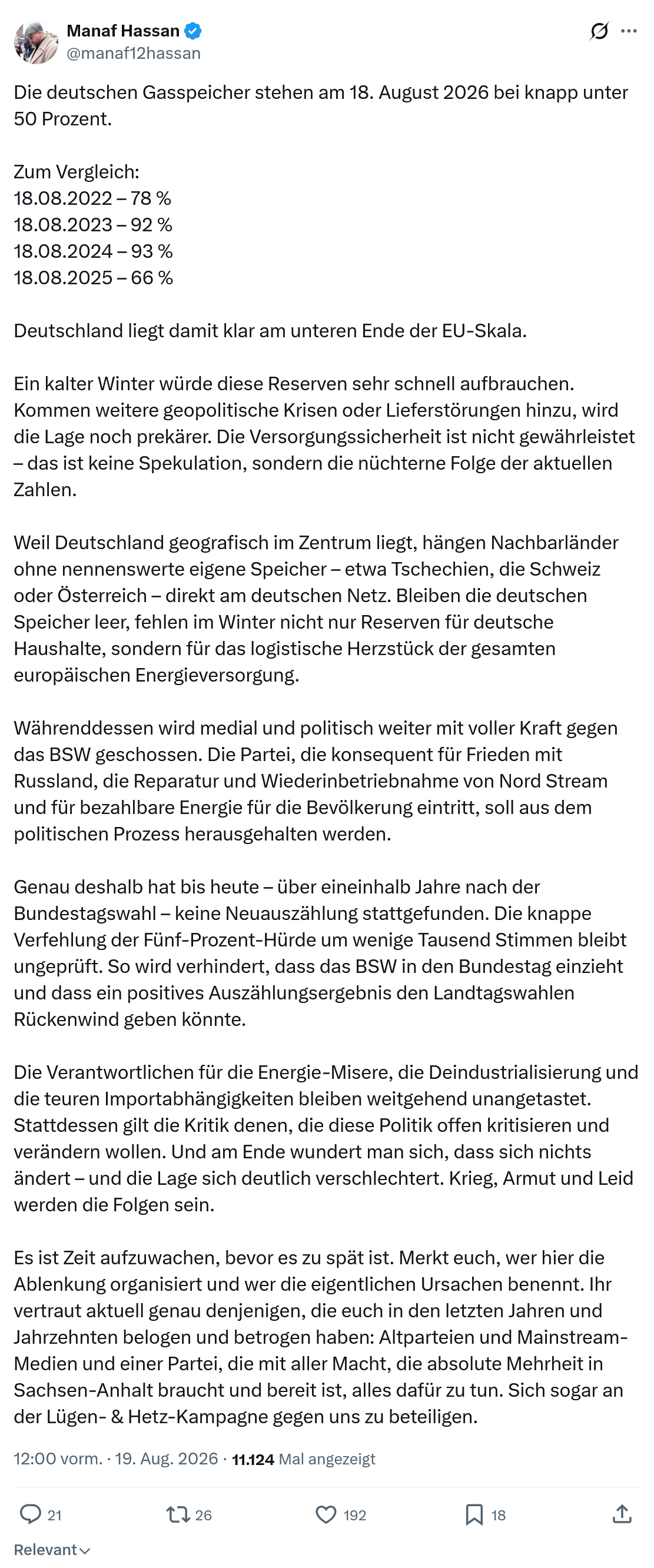 Manaf Hassan: Die deutschen Gasspeicher...