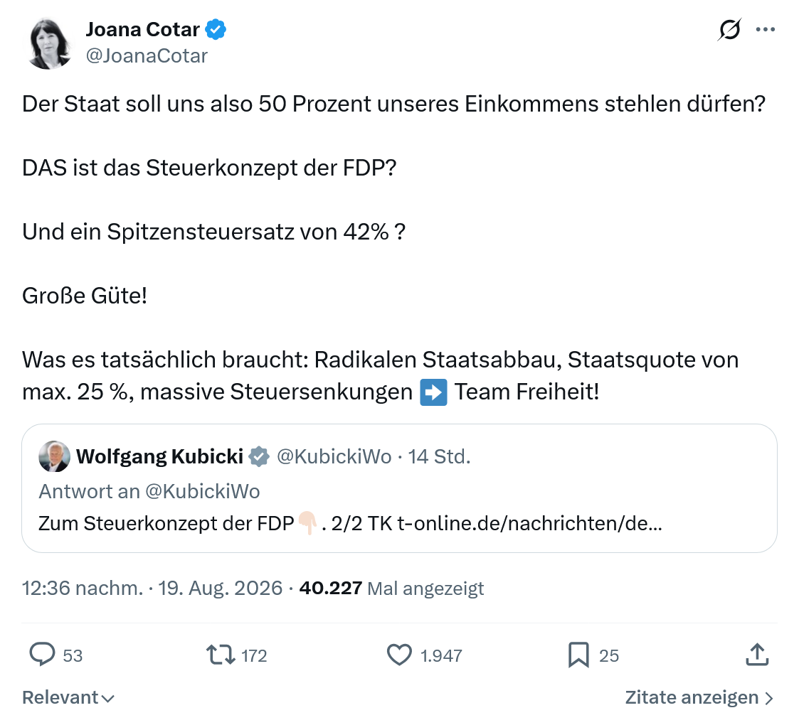 Joana Cotar: Der Staat soll uns also 50 Prozent...