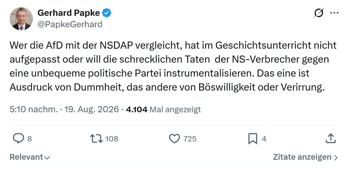 Gerhard Papke: Wer die AfD mit der NSDAP...