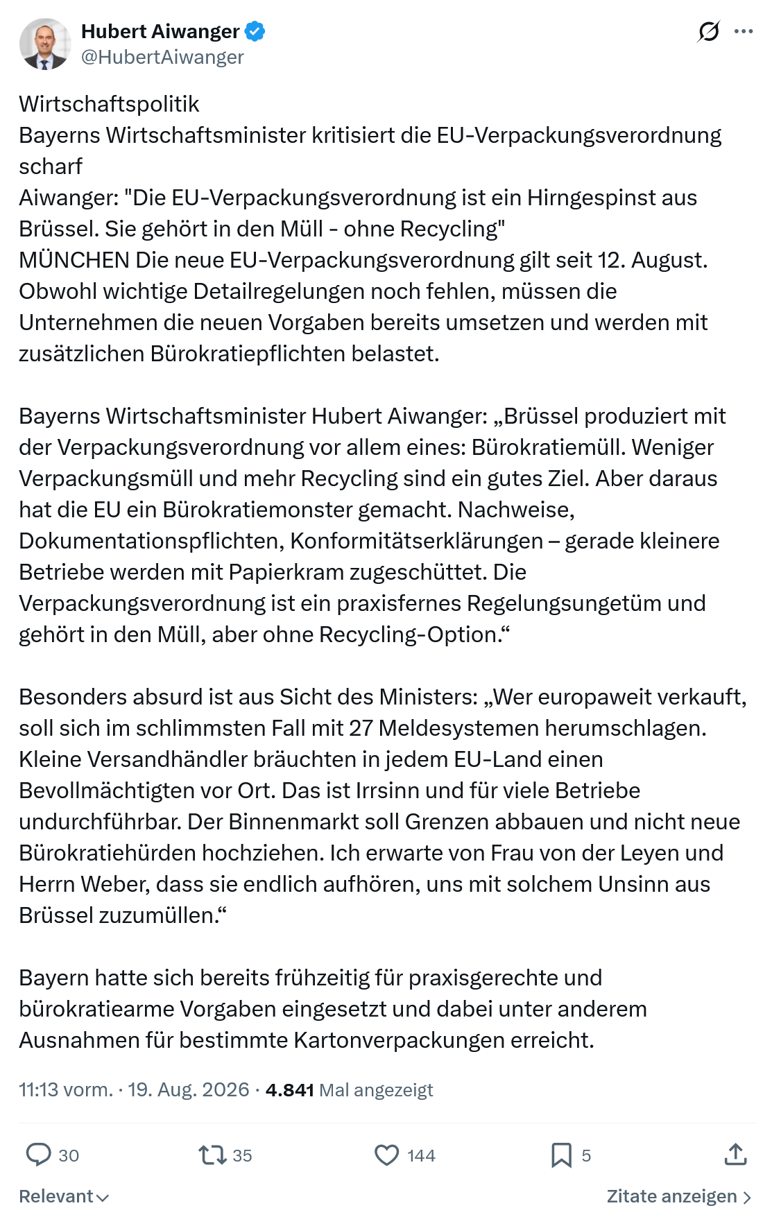 Hubert Aiwanger: Wirtschaftspolitik...